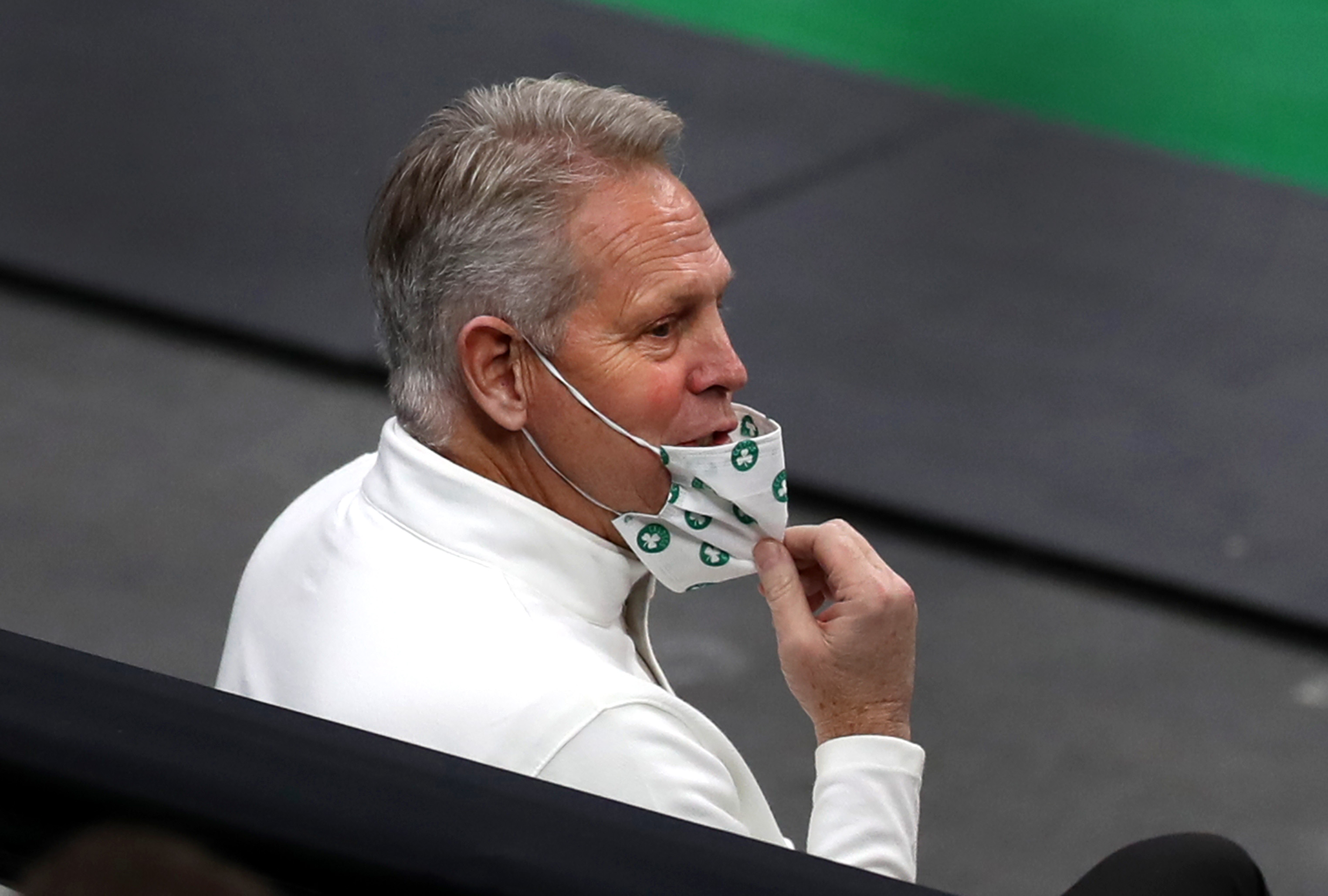 BOSTON, MA - JANUARY 8: Boston Celtics GM Danny Ainge watches from court side seats. The Boston Celtics host the Washington Wizards in a NBA game at TD Garden in Boston on January 8, 2021. (Photo by John Tlumacki/The Boston Globe via Getty Images)