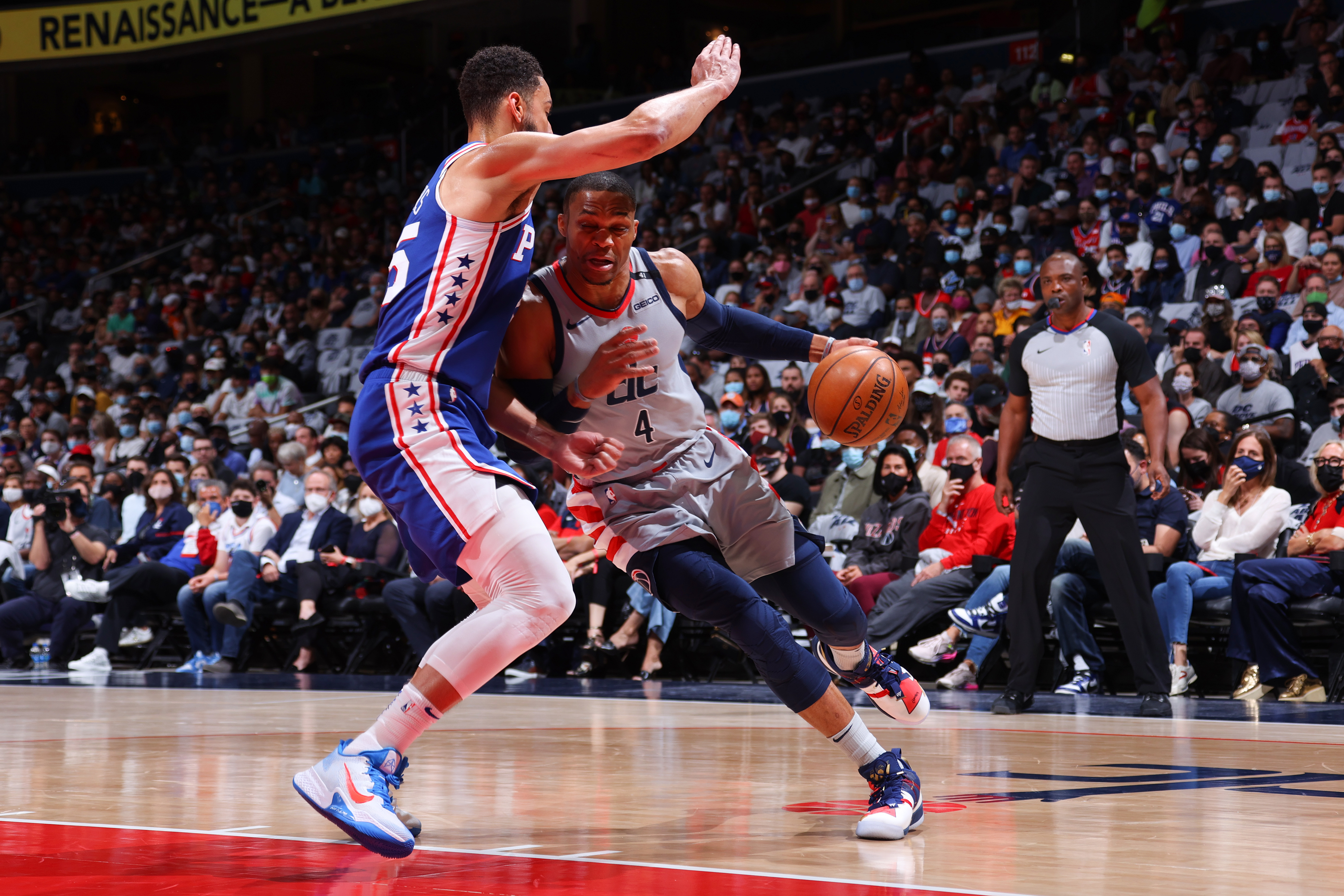 WASHINGTON, DC -  MAY 31: Ben Simmons #25 of the Philadelphia 76ers plays defense on Russell Westbrook #4 of the Washington Wizards during Round 1, Game 4 of the 2021 NBA Playoffs on May 31, 2021 at Capital One Arena in Washington, DC. NOTE TO USER: User expressly acknowledges and agrees that, by downloading and or using this Photograph, user is consenting to the terms and conditions of the Getty Images License Agreement. Mandatory Copyright Notice: Copyright 2021 NBAE (Photo by Ned Dishman/NBAE via Getty Images)