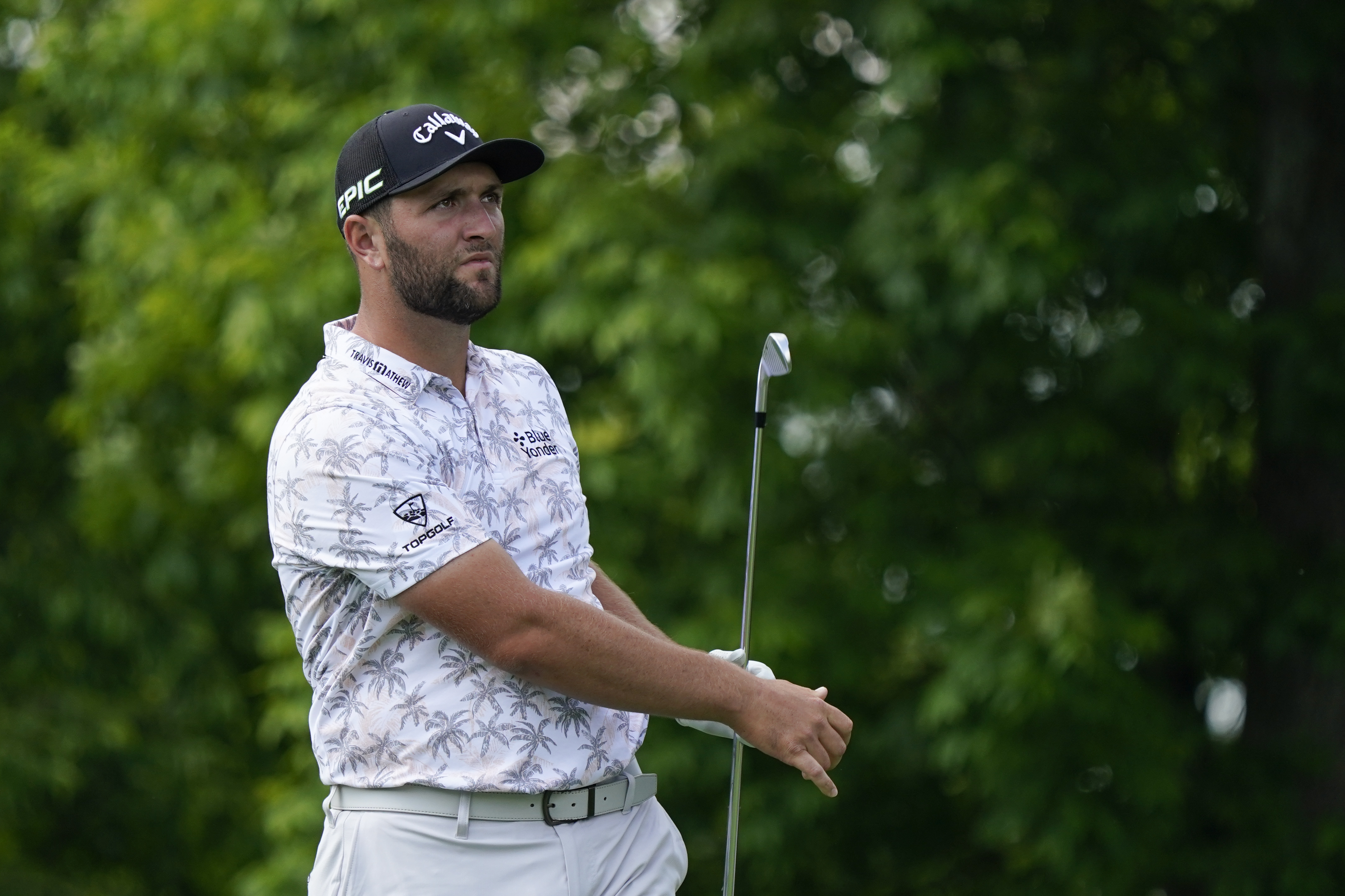 Jon Rahm watches his tee shot on the 14th hole during the third round of the Memorial golf tournament, Saturday, June 5, 2021, in Dublin, Ohio. (AP Photo/Darron Cummings)