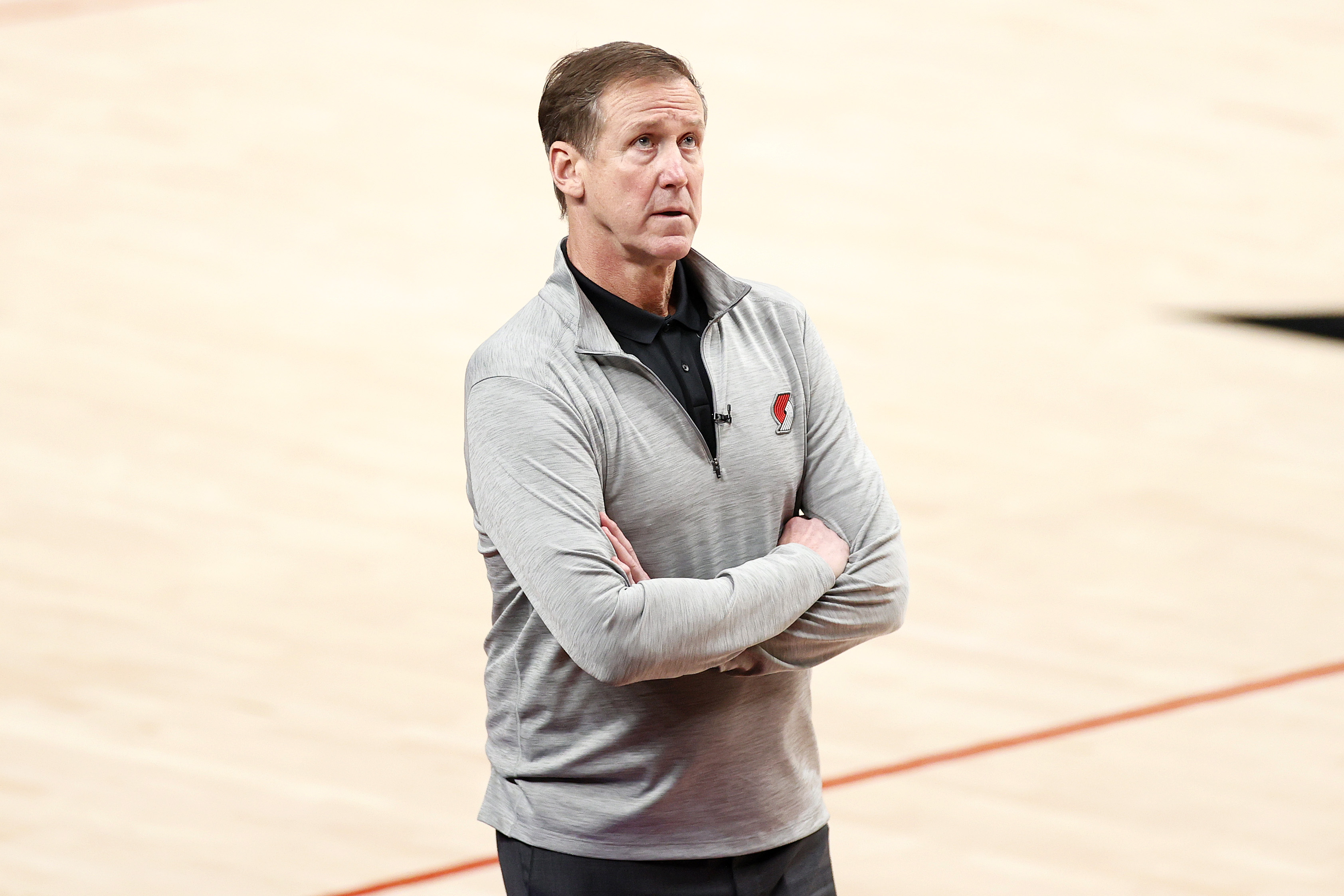 PORTLAND, OREGON - MAY 29: Head coach Terry Stotts of the Portland Trail Blazers looks on in the third quarter against the Denver Nuggets during Round 1, Game 4 of the 2021 NBA Playoffs at Moda Center on May 29, 2021 in Portland, Oregon. NOTE TO USER: User expressly acknowledges and agrees that, by downloading and or using this photograph, User is consenting to the terms and conditions of the Getty Images License Agreement. (Photo by Steph Chambers/Getty Images)