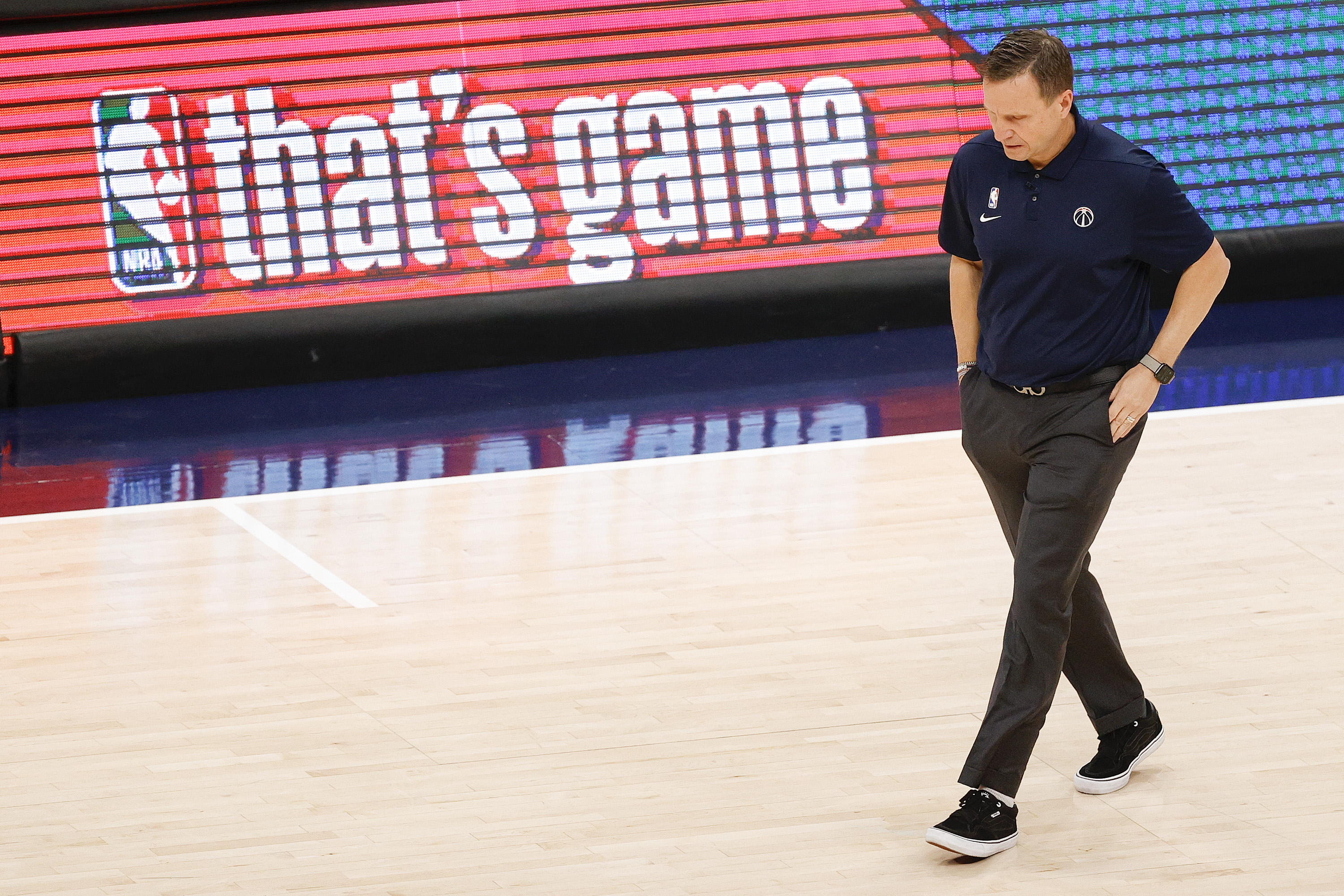 WASHINGTON, DC - MAY 31: Head coach Scott Brooks of the Washington Wizards looks on during the first quarter against the Philadelphia 76ers during Game Four of the Eastern Conference first round series at Capital One Arena on May 31, 2021 in Washington, DC. NOTE TO USER: User expressly acknowledges and agrees that, by downloading and or using this photograph, User is consenting to the terms and conditions of the Getty Images License Agreement. (Photo by Tim Nwachukwu/Getty Images)