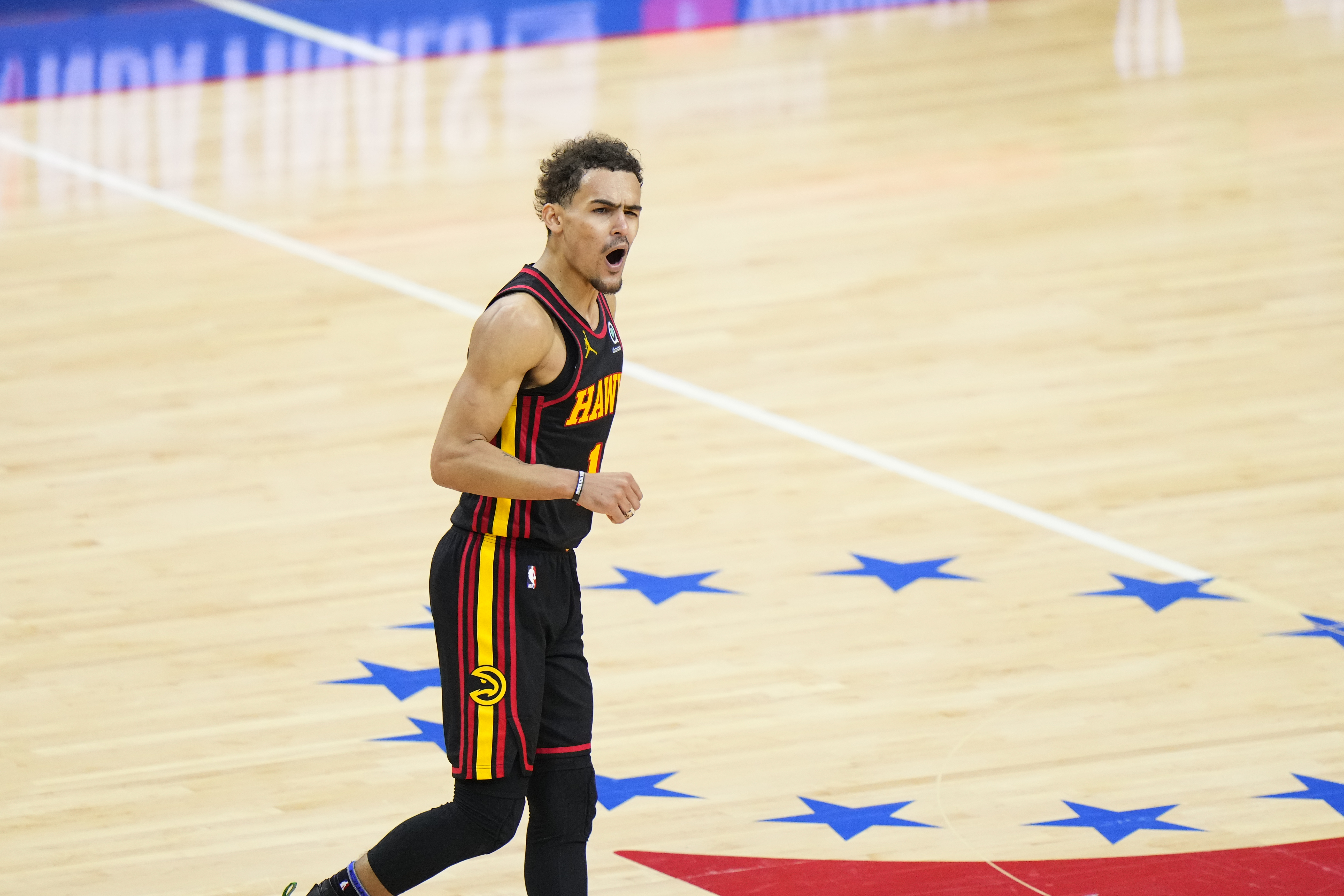 Atlanta Hawks' Trae Young plays during Game 7 in a second-round NBA basketball playoff series against the Philadelphia 76ers, Sunday, June 20, 2021, in Philadelphia. (AP Photo/Matt Slocum)