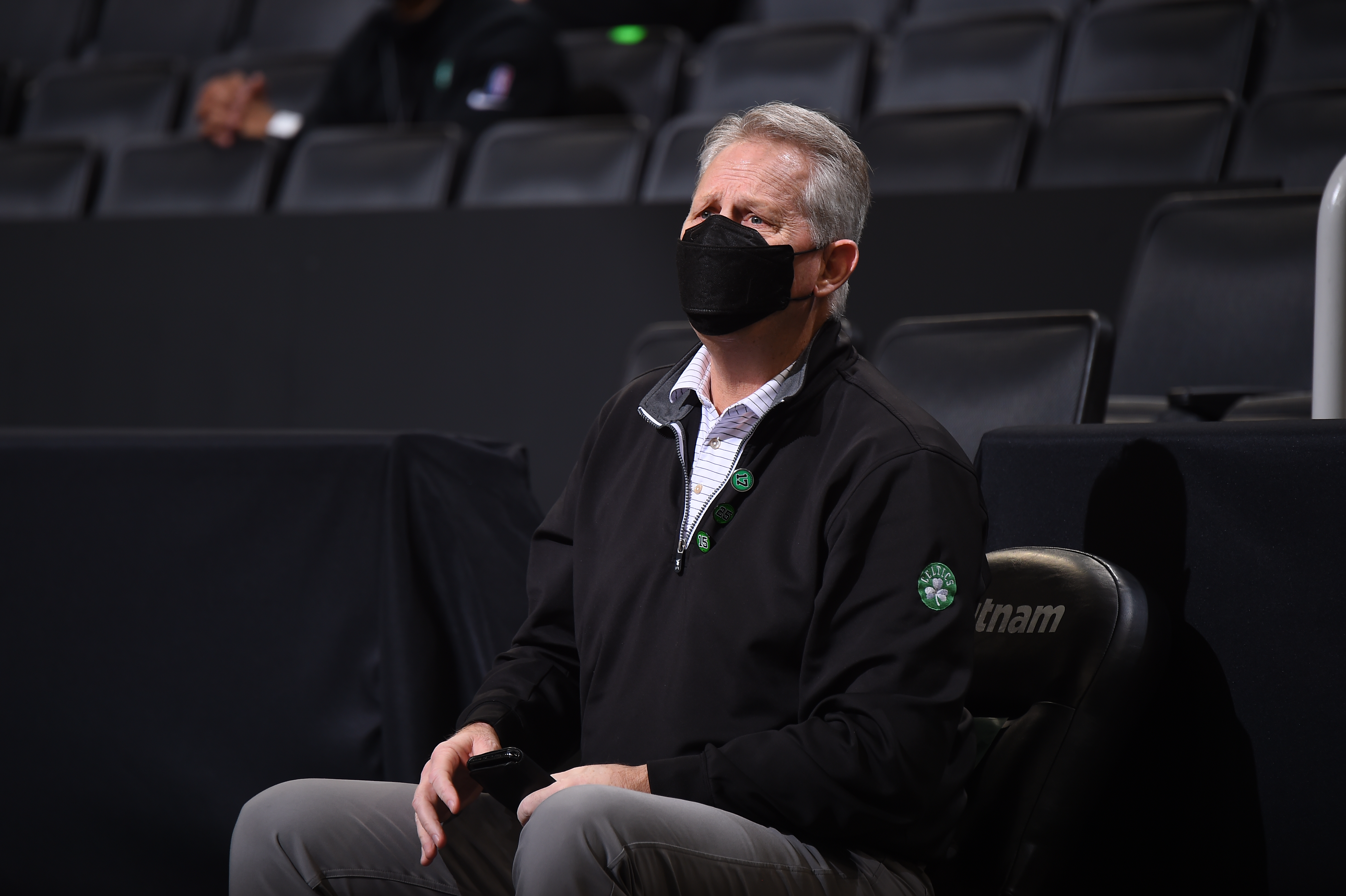 BOSTON, MA - FEBRUARY 16: Owner Danny Ainge of the Boston Celtics sits on the sideline during the game against the Denver Nuggets on February 16, 2021 at the TD Garden in Boston, Massachusetts.  NOTE TO USER: User expressly acknowledges and agrees that, by downloading and or using this photograph, User is consenting to the terms and conditions of the Getty Images License Agreement. Mandatory Copyright Notice: Copyright 2021 NBAE  (Photo by Brian Babineau/NBAE via Getty Images)