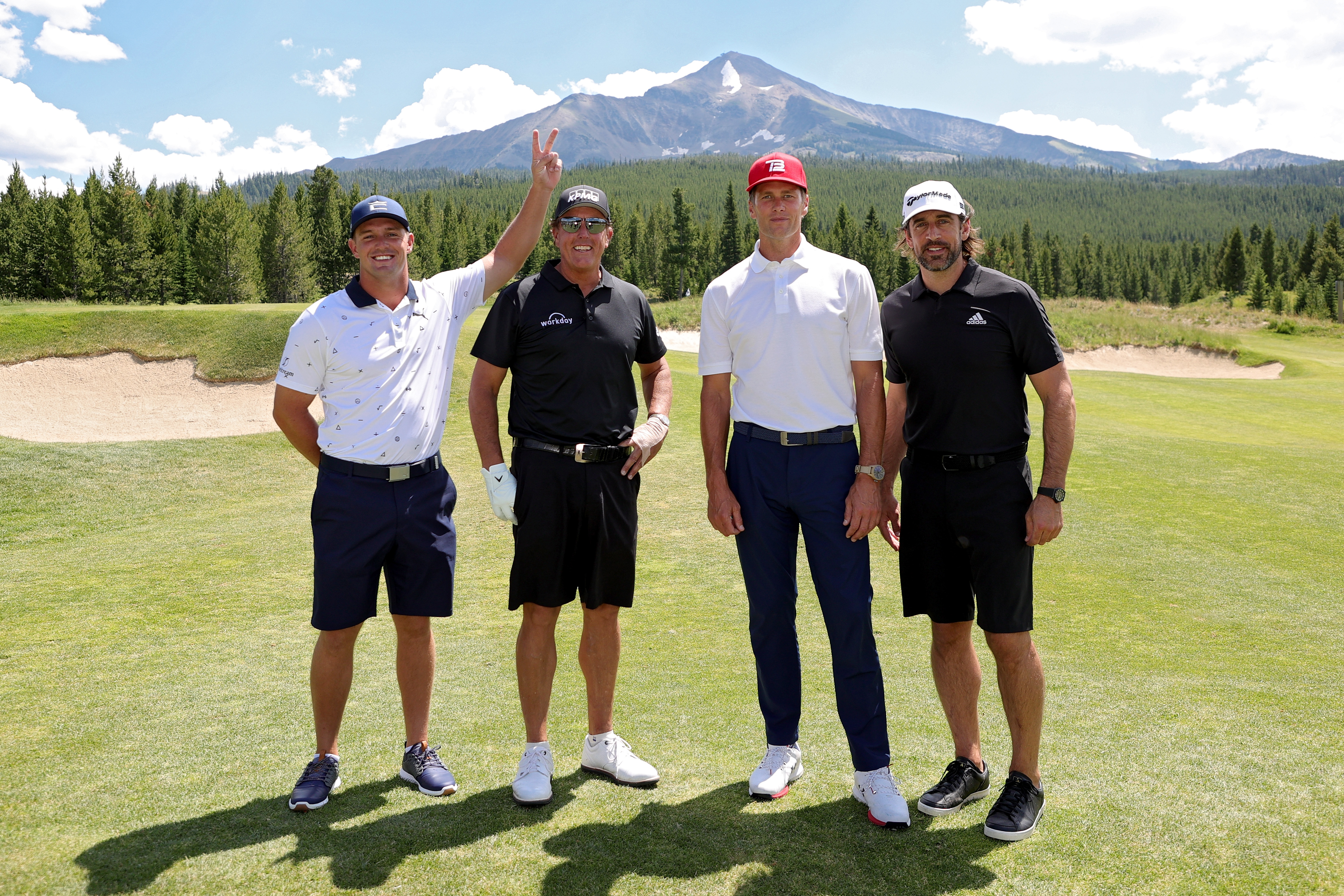 BIG SKY, MONTANA - JULY 06: (L-R) Bryson DeChambeau, Phil Mickelson, Tom Brady, and Aaron Rodgers pose for photos during Capital One's The Match at The Reserve at Moonlight Basin on July 06, 2021 in Big Sky, Montana. (Photo by Stacy Revere/Getty Images for The Match)