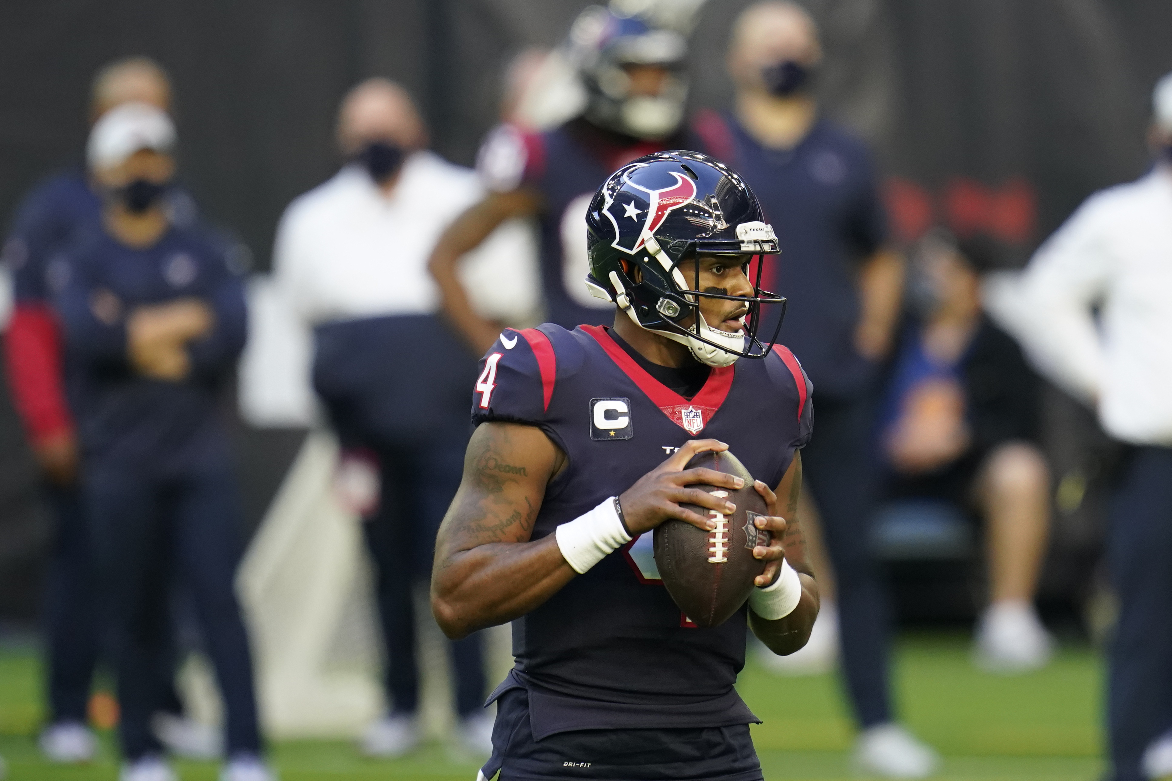 Houston Texans quarterback Deshaun Watson (4) looks to pass during an NFL football game against the Tennessee Titans, Sunday, Jan. 3, 2021, in Houston. (AP Photo/Matt Patterson)