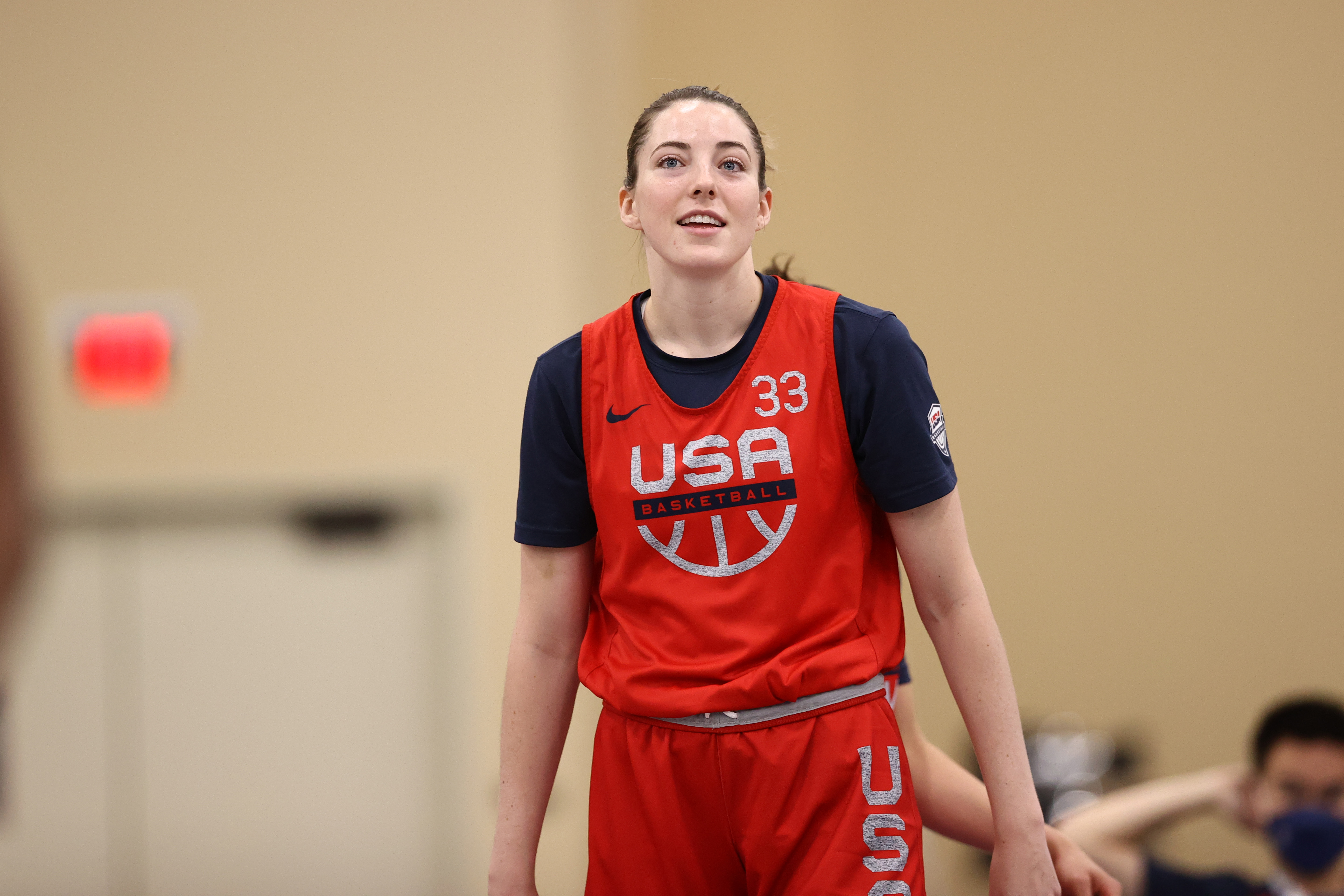LAS VEGAS, NV - JULY 17: Katie Lou Samuelson #33 of the USA Women's National 3x3 Team smiles during USAB Womens 3x3 National Team practice at the Mandalay Bay Convention Center on July 17, 2021 in Las Vegas, Nevada. NOTE TO USER: User expressly acknowledges and agrees that, by downloading and or using this photograph, User is consenting to the terms and conditions of the Getty Images License Agreement. (Photo by Stephen Gosling/NBAE via Getty Images)