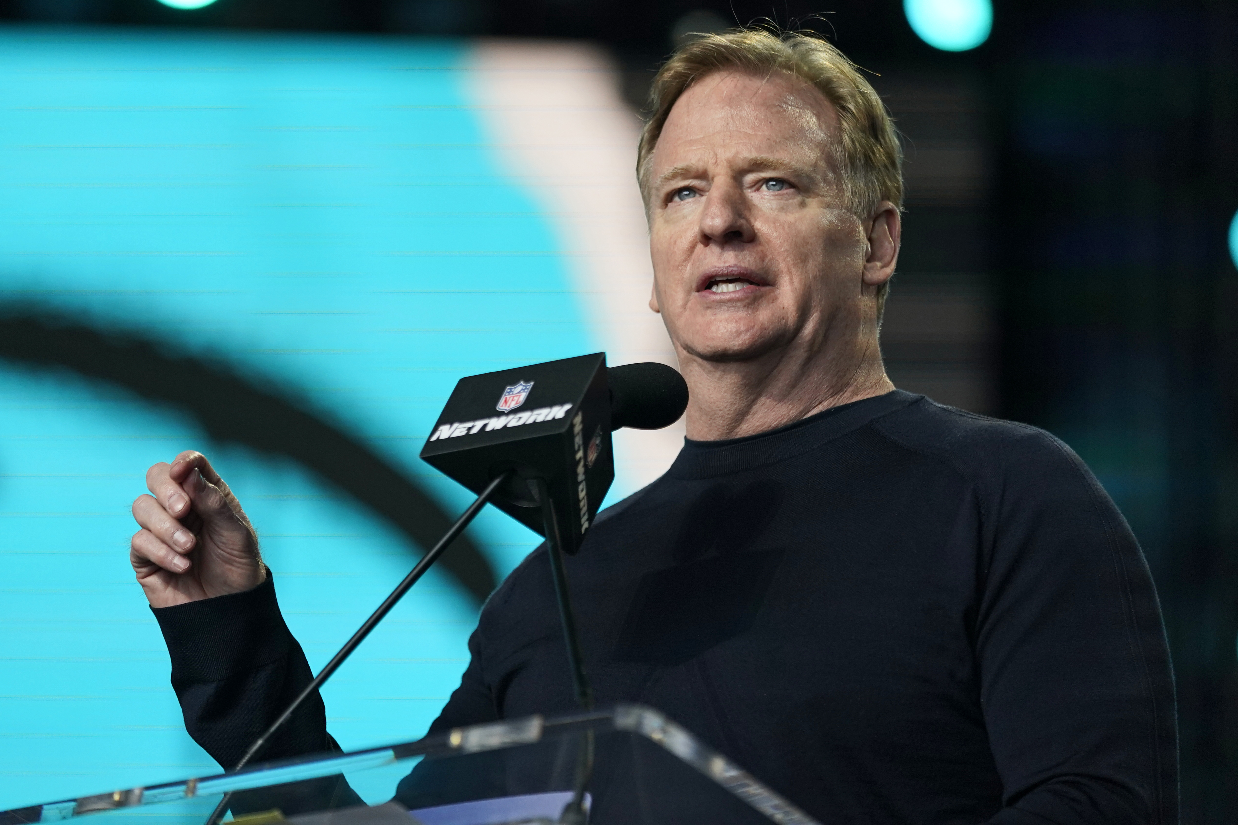 NFL Commissioner Roger Goodell announces the start of the fourth round of the NFL football draft, Saturday, May 1, 2021, in Cleveland. (AP Photo/Tony Dejak) NFL Commissioner Roger Goodell announces the start of the fourth round of the NFL football draft, Saturday, May 1, 2021, in Cleveland. (AP Photo/Tony Dejak)
