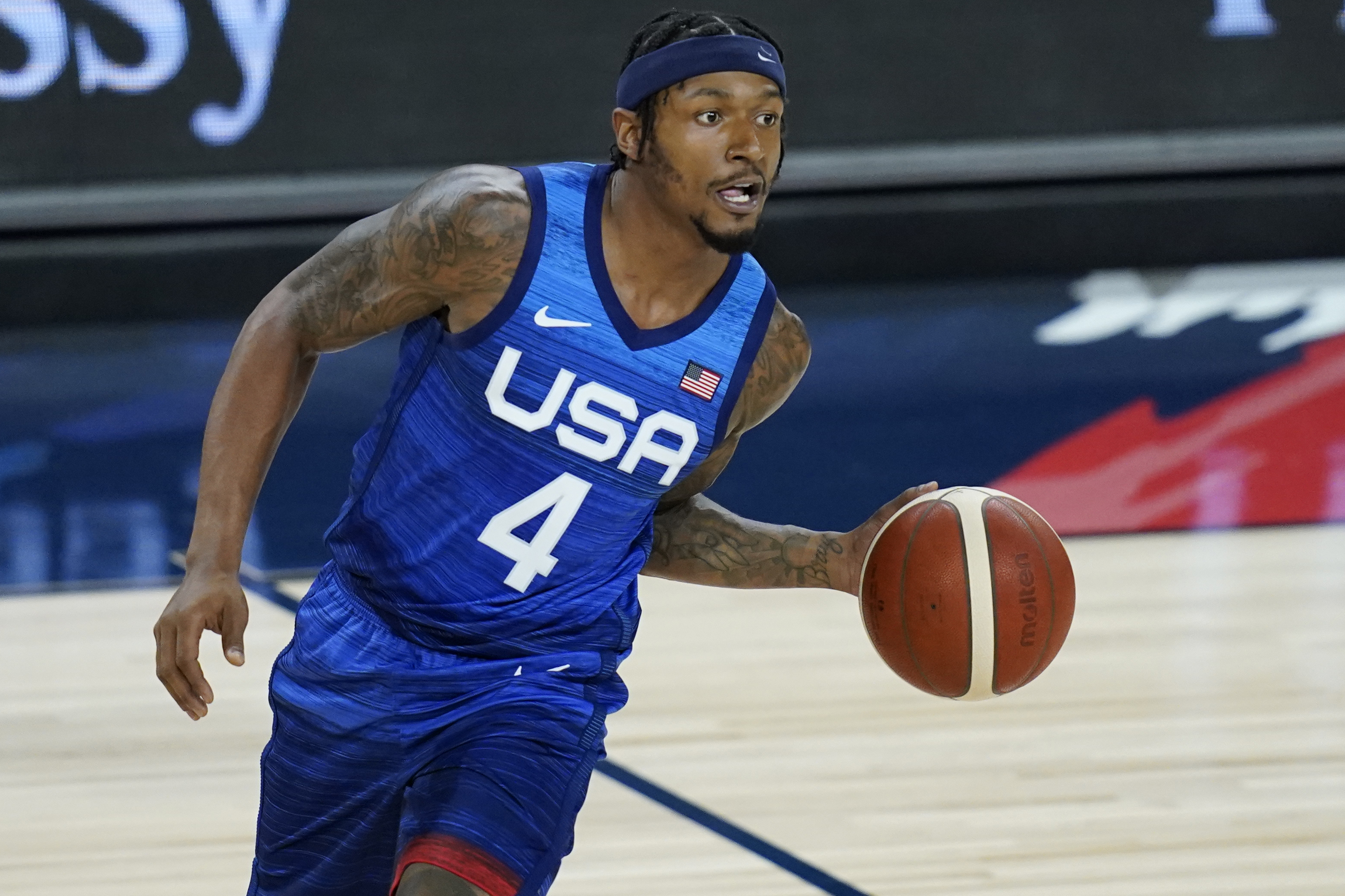 United States' Bradley Beal plays against Australia during an exhibition basketball game Monday, July 12, 2021, in Las Vegas. (AP Photo/John Locher)