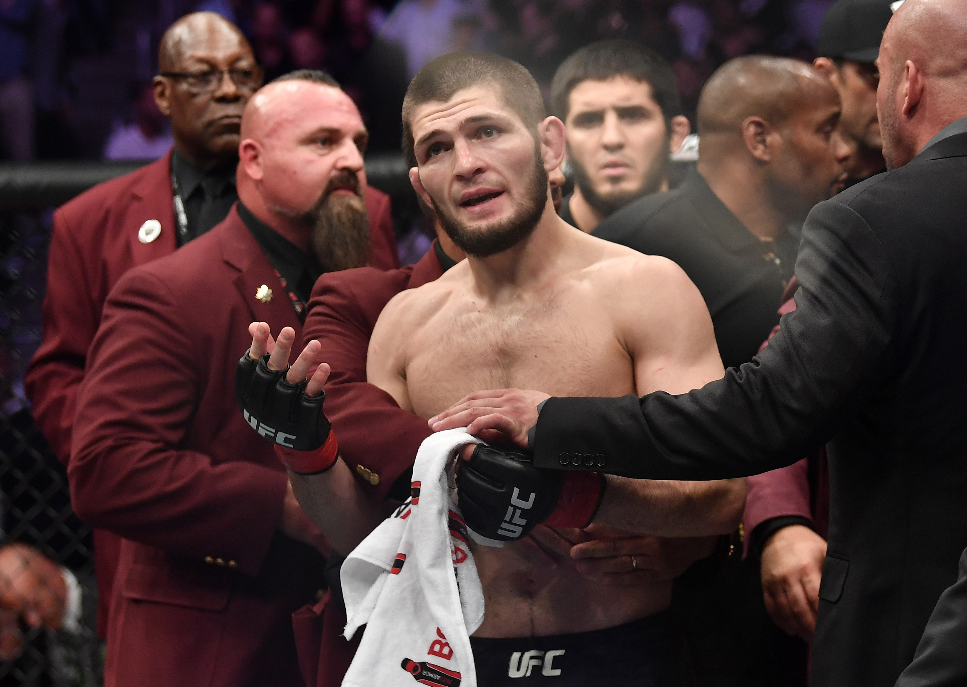 LAS VEGAS, NV - OCTOBER 06:  Khabib Nurmagomedov of Russia reacts following a post-fight incident during the UFC 229 event inside T-Mobile Arena on October 6, 2018 in Las Vegas, Nevada. (Photo by Brandon Magnus/Zuffa LLC/Zuffa LLC via Getty Images)