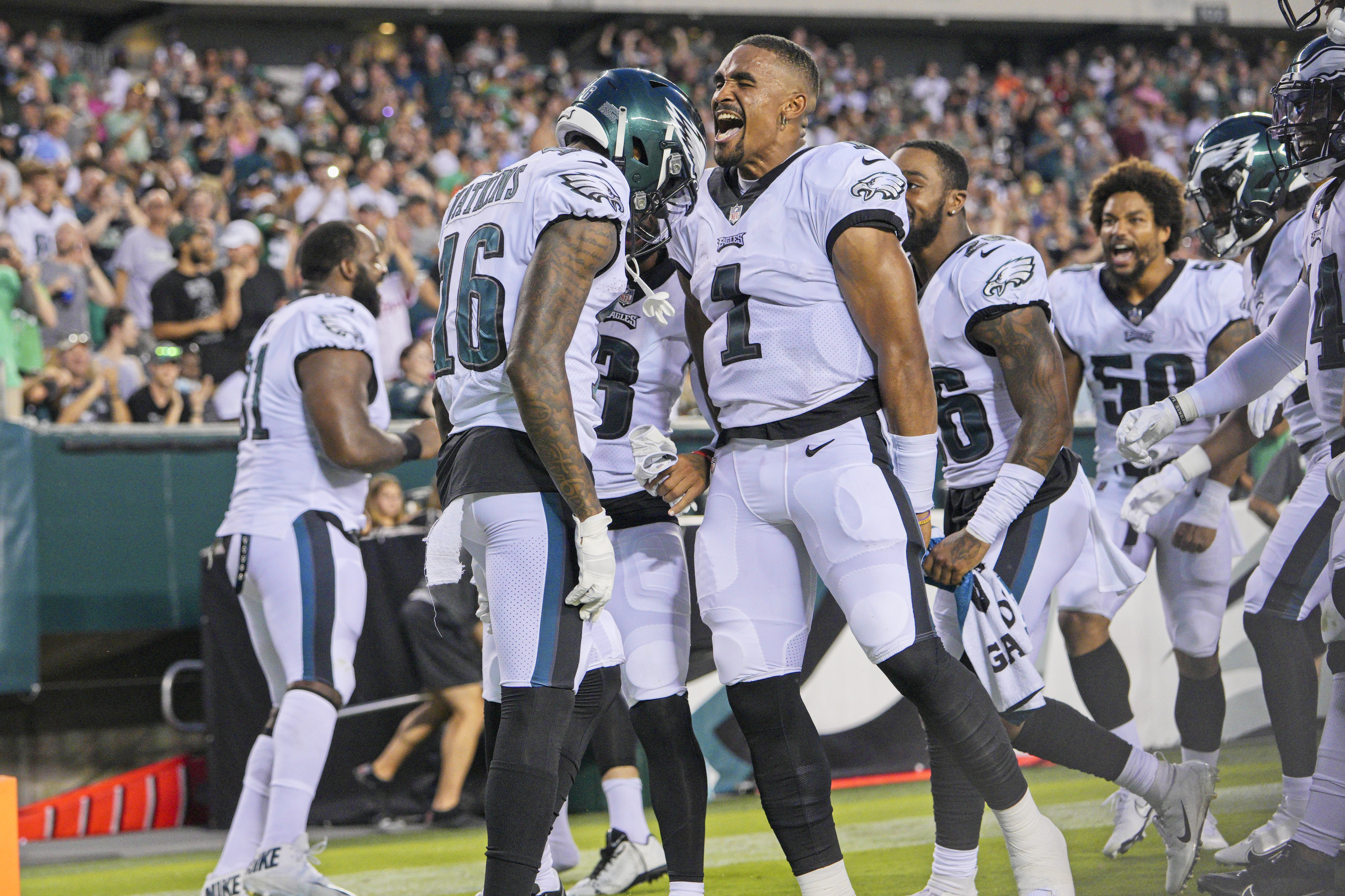 Jalen Hurts of the Philadelphia Eagles celebrates after a