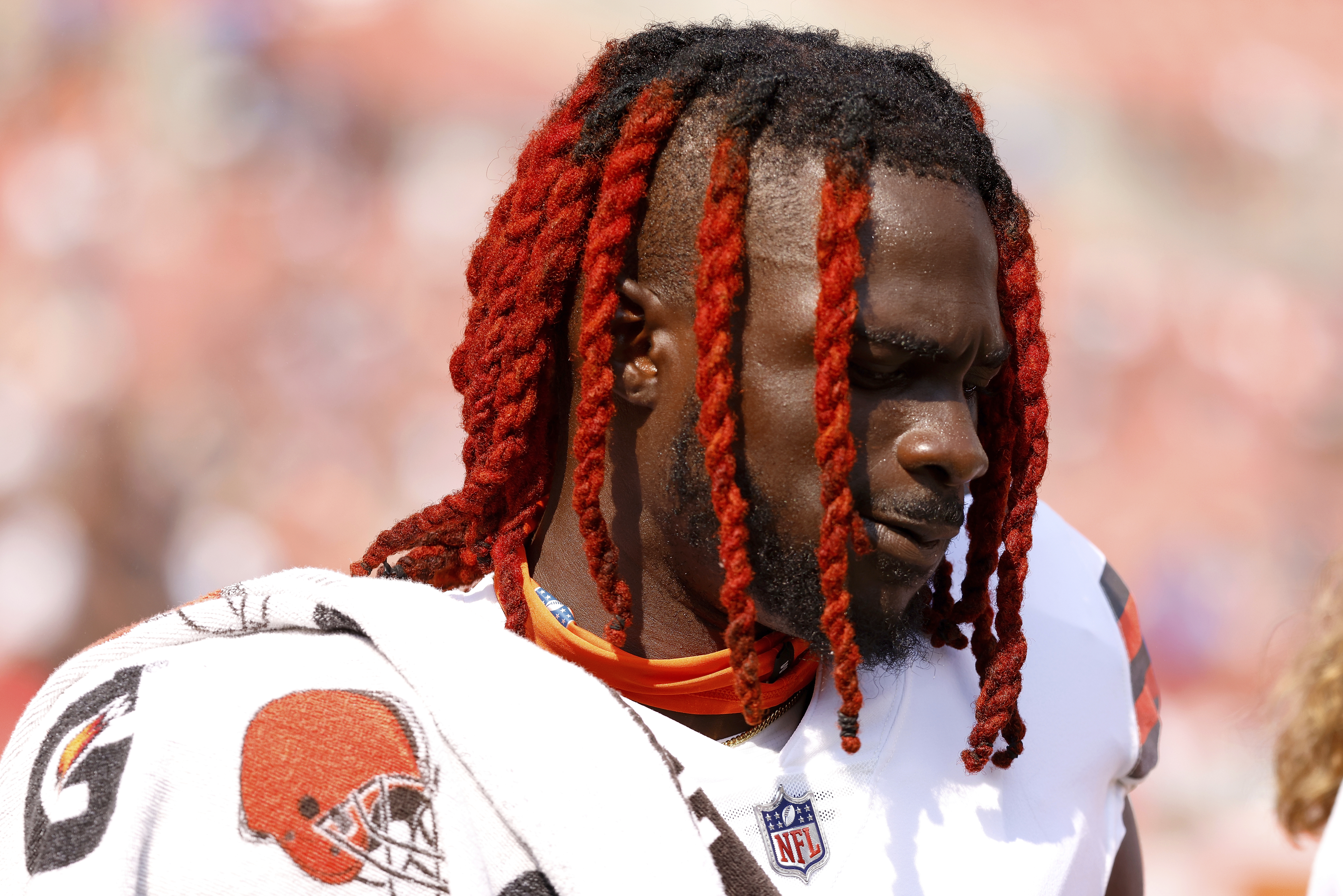 Cleveland Browns safety Ronnie Harrison Jr. (33) stands on the sideline during an NFL football game against the New York Giants, Sunday, Aug. 22, 2021, in Cleveland. (AP Photo/Kirk Irwin)