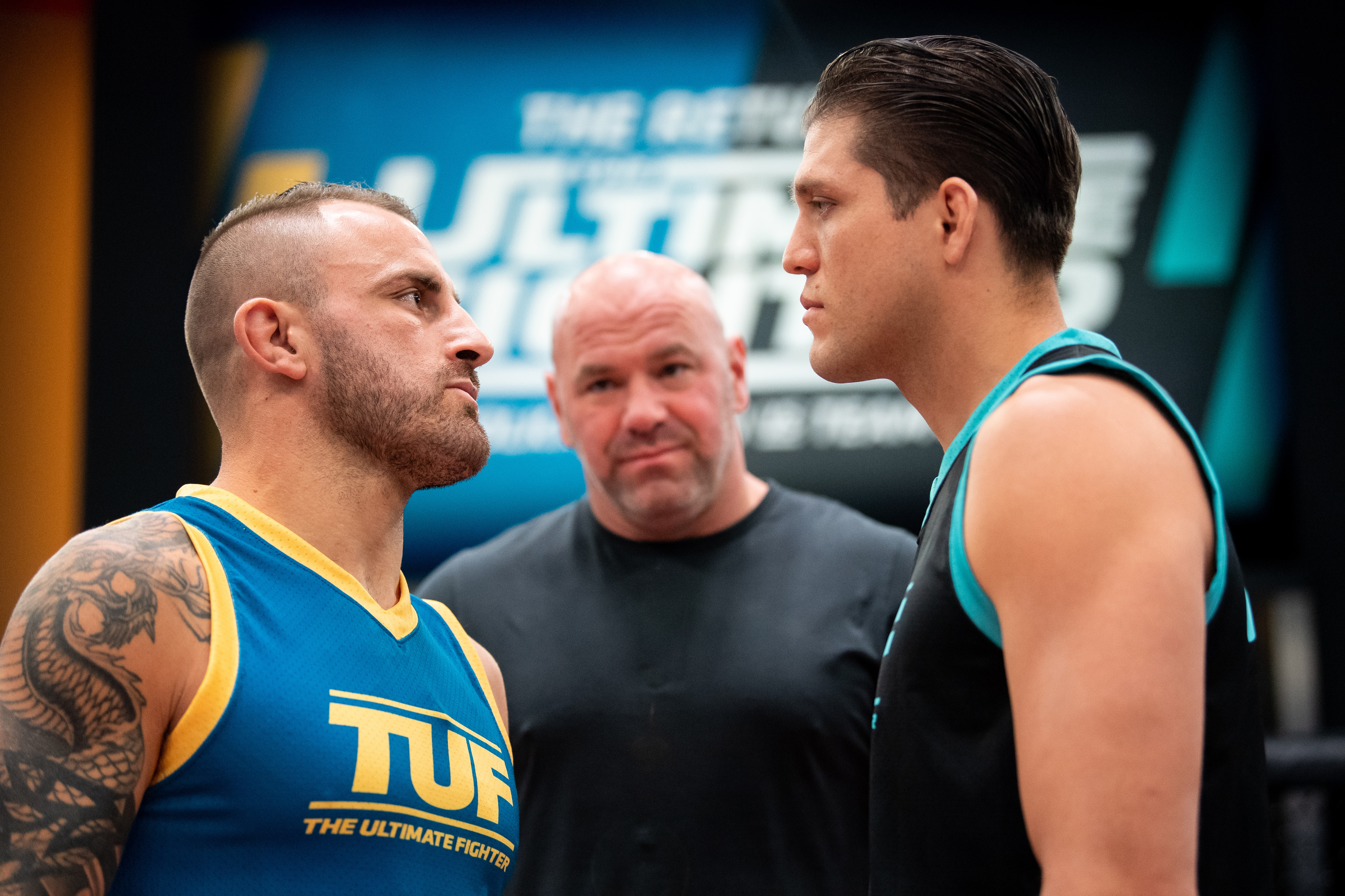 LAS VEGAS, NEVADA - MAY 20: (L-R) Alexander Volkanovski and Brian Ortega face off during the filming of The Return of The Ultimate Fighter at UFC APEX on May 20, 2021 in Las Vegas, Nevada. (Photo by Chris Unger/Zuffa LLC)