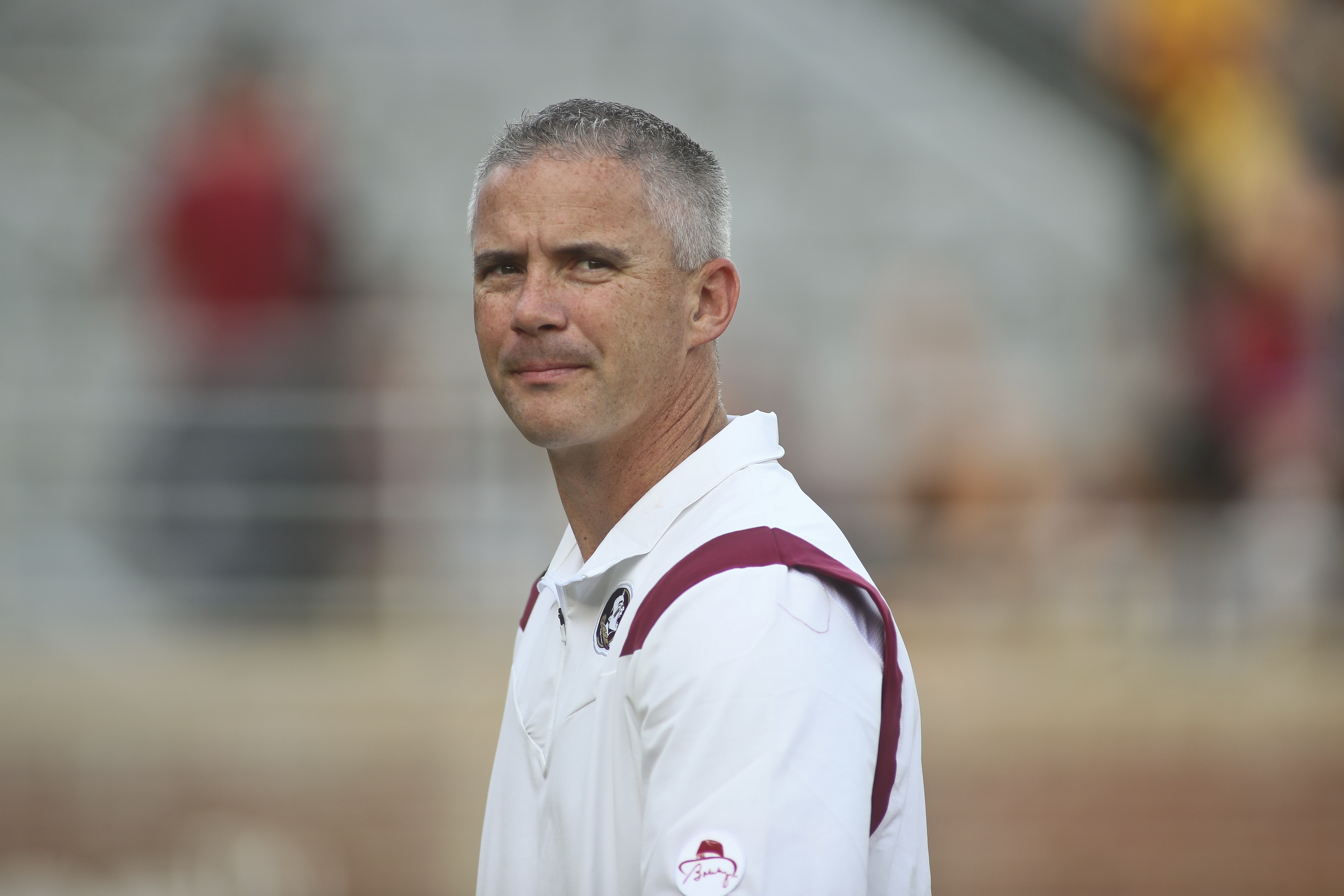 Florida State head coach Mike Norvell before the start of an NCAA college football game against Jacksonville State Saturday, Sept. 11, 2021, in Tallahassee, Fla. Jacksonville State won 20-17. (AP Photo/Phil Sears)