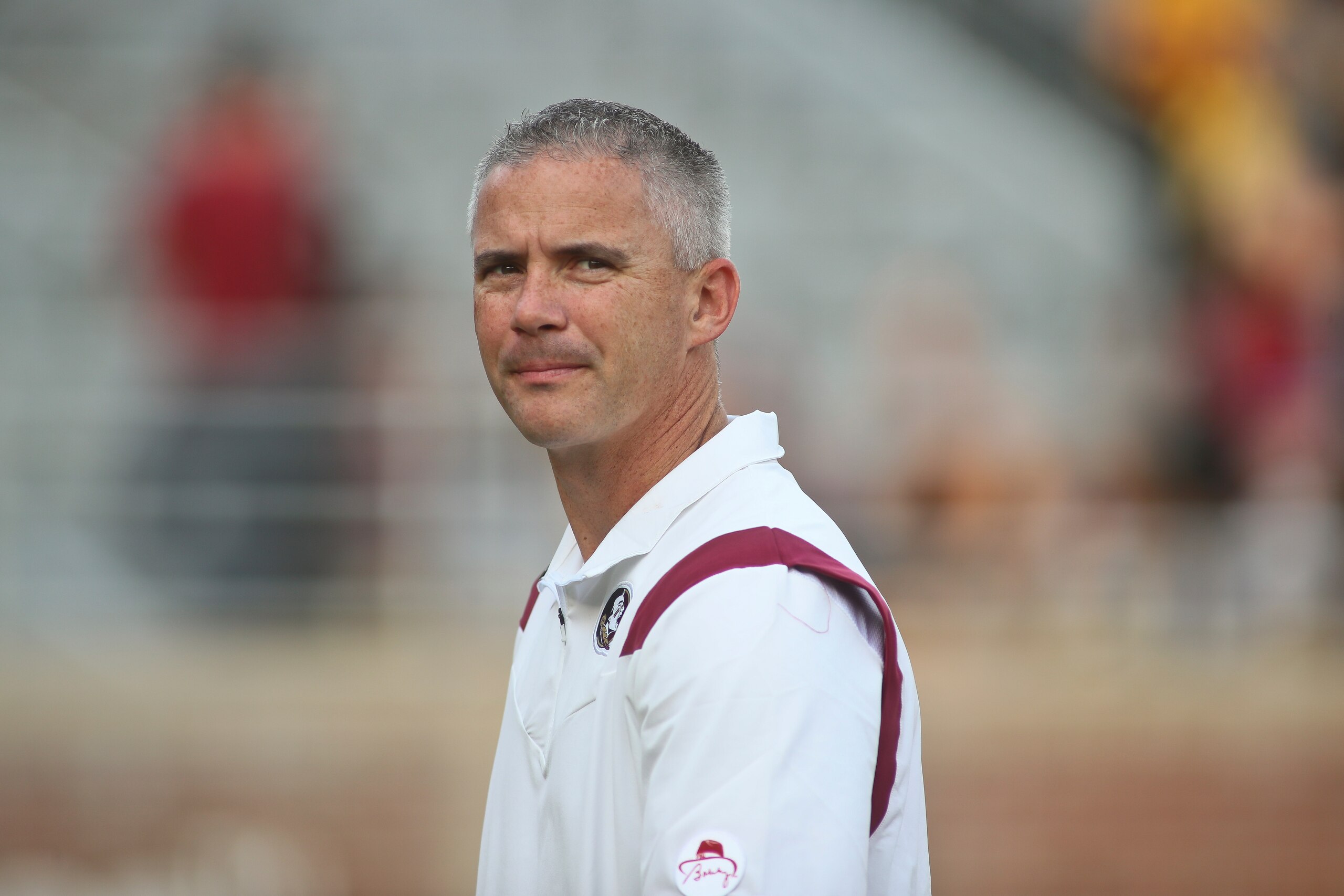 Florida State head coach Mike Norvell before the start of an NCAA college football game against Jacksonville State Saturday, Sept. 11, 2021, in Tallahassee, Fla. Jacksonville State won 20-17. (AP Photo/Phil Sears)