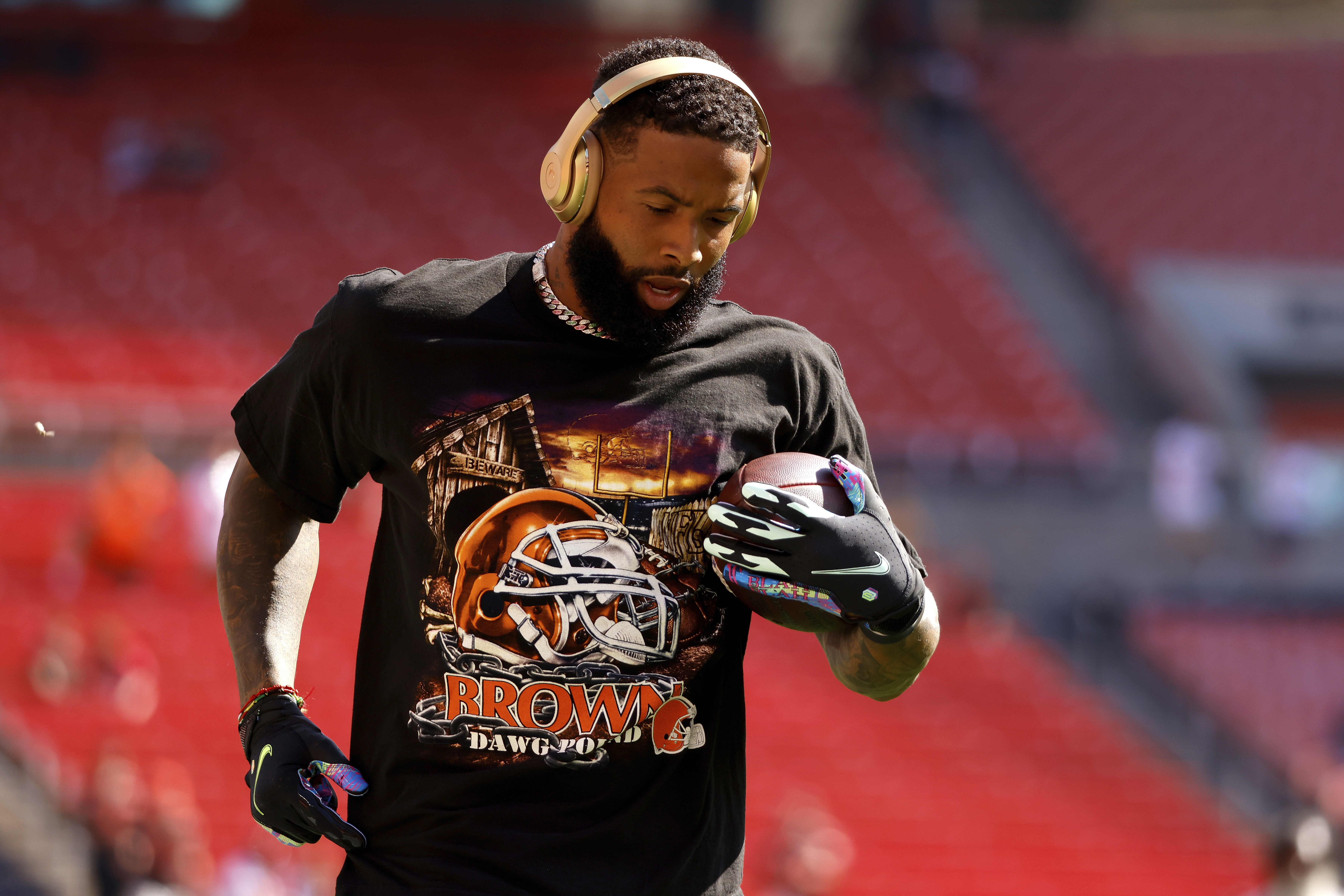 Cleveland Browns wide receiver Odell Beckham Jr. (13) warms up prior to the start of an NFL football game against the Houston Texans, Sunday, Sept. 19, 2021, in Cleveland. (AP Photo/Kirk Irwin)