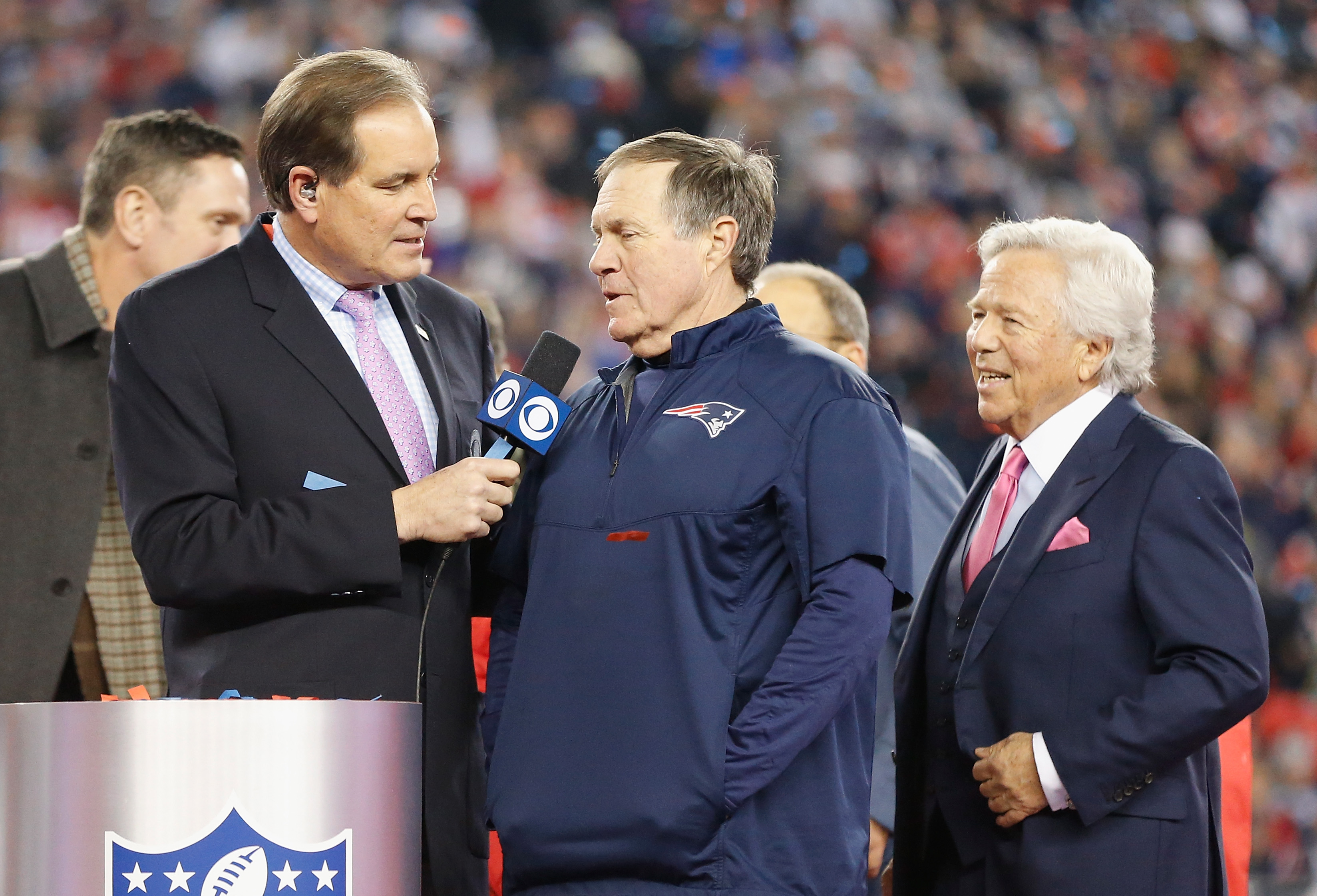 FOXBOROUGH, MA - JANUARY 21: Head coach Bill Belichick and  owner Robert Kraft of the New England Patriots are interviewed by Jim Nantz after the AFC Championship Game against the Jacksonville Jaguars  at Gillette Stadium on January 21, 2018 in Foxborough, Massachusetts.  (Photo by Jim Rogash/Getty Images)