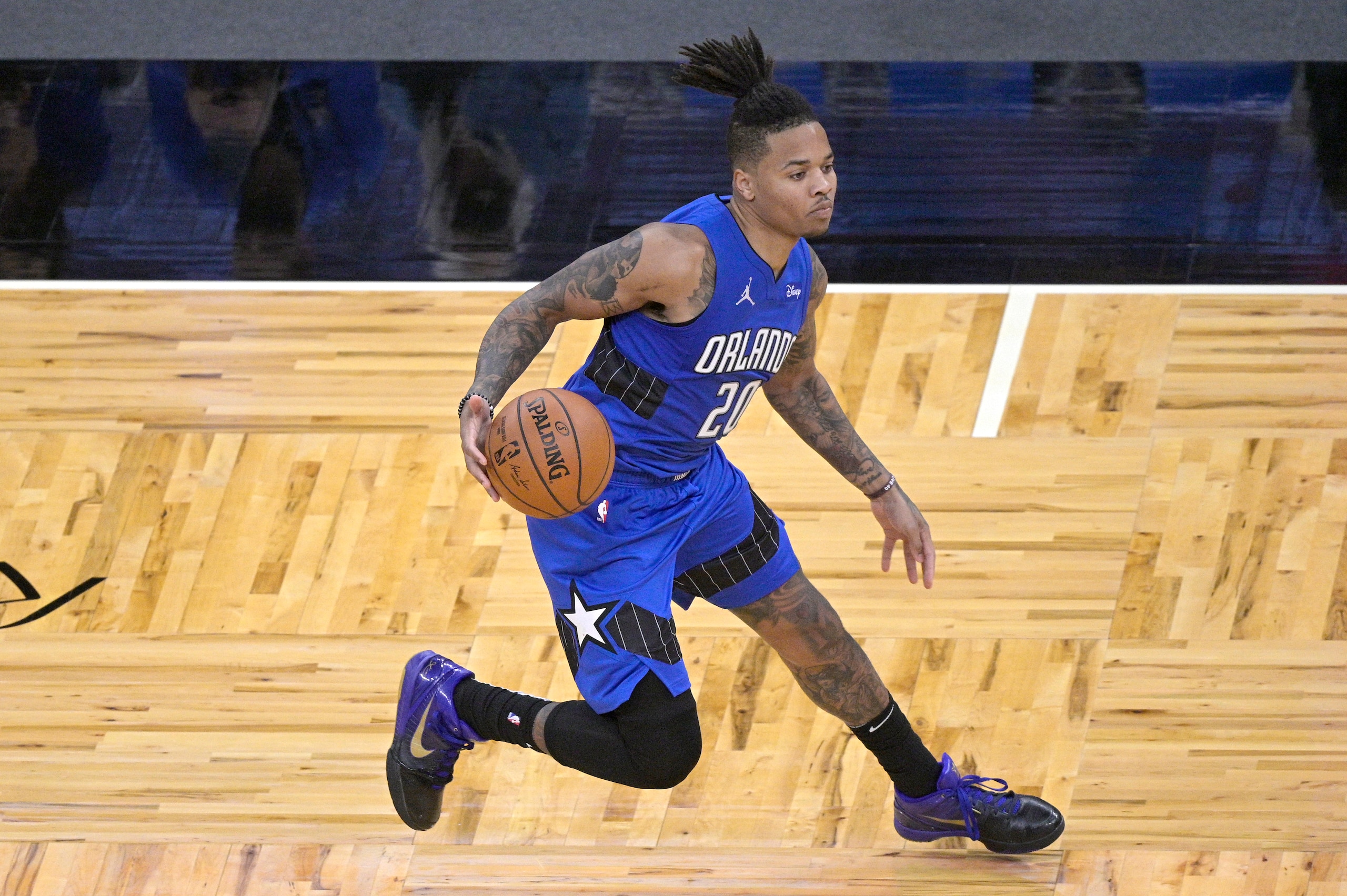 Orlando Magic guard Markelle Fultz (20) drives to the basket during the second half of an NBA basketball game against the Oklahoma City Thunder, Saturday, Jan. 2, 2021, in Orlando, Fla. (AP Photo/Phelan M. Ebenhack)