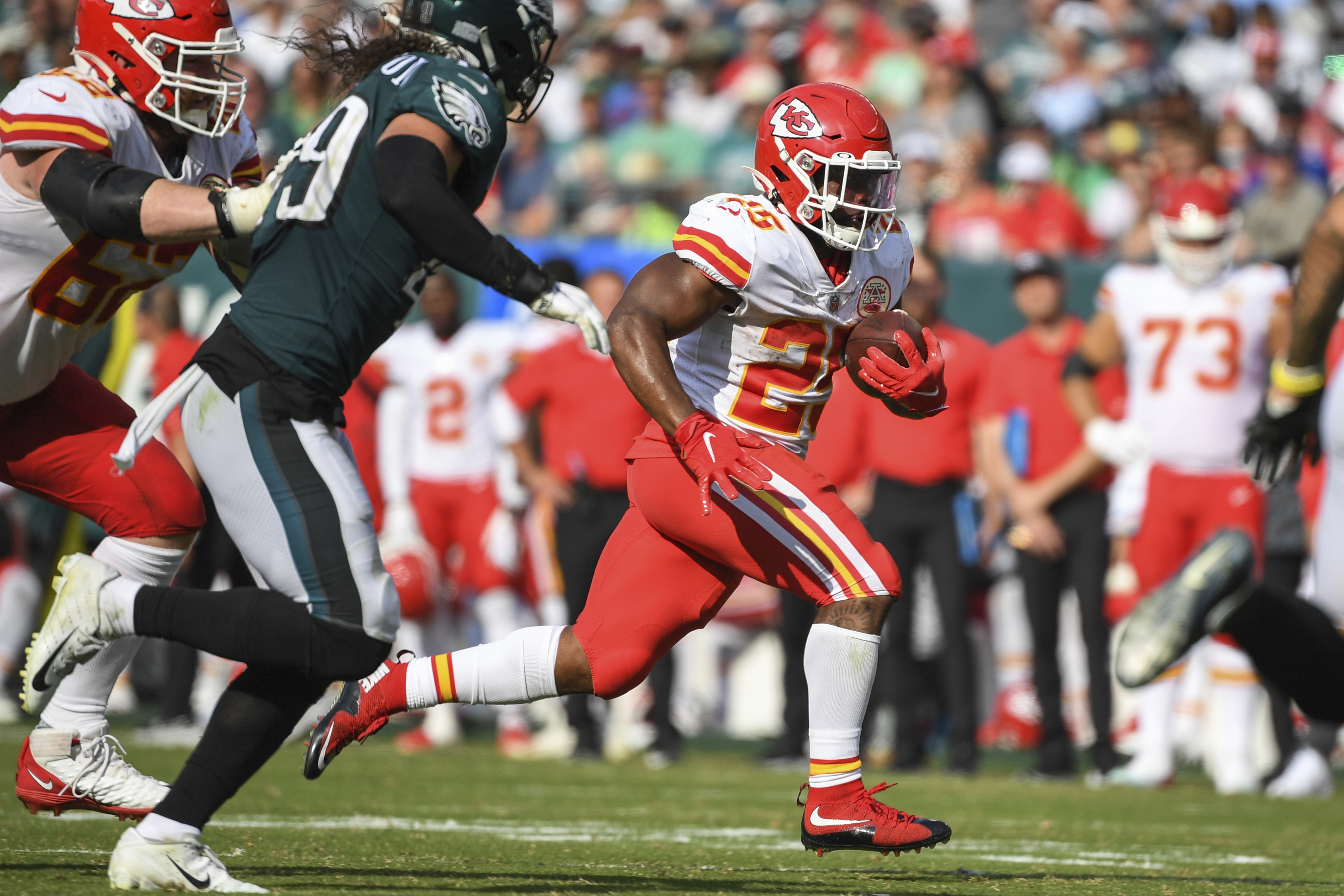 Kansas City Chiefs running back Clyde Edwards-Helaire (25) runs the ball during the fourth quarter of an NFL football game against the Philadelphia Eagles, Sunday, Oct. 3, 2021, in Philadelphia. (AP Photo/Terrance Williams)