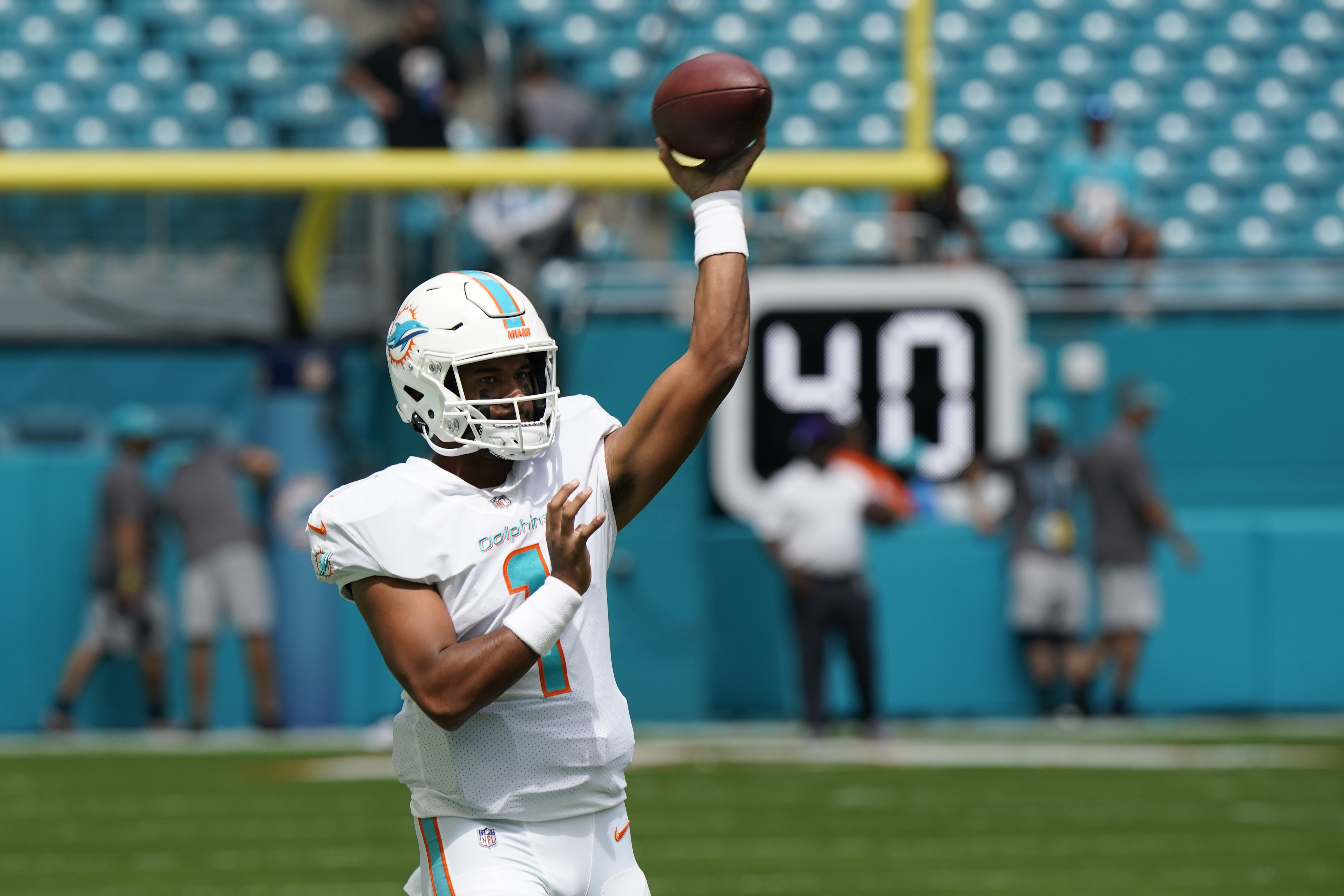 Miami Dolphins quarterback Tua Tagovailoa (1) warms up ahead of an NFL football game against the Buffalo Bills, Sunday, Sept. 19, 2021, in Miami Gardens, Fla. (AP Photo/Wilfredo Lee)