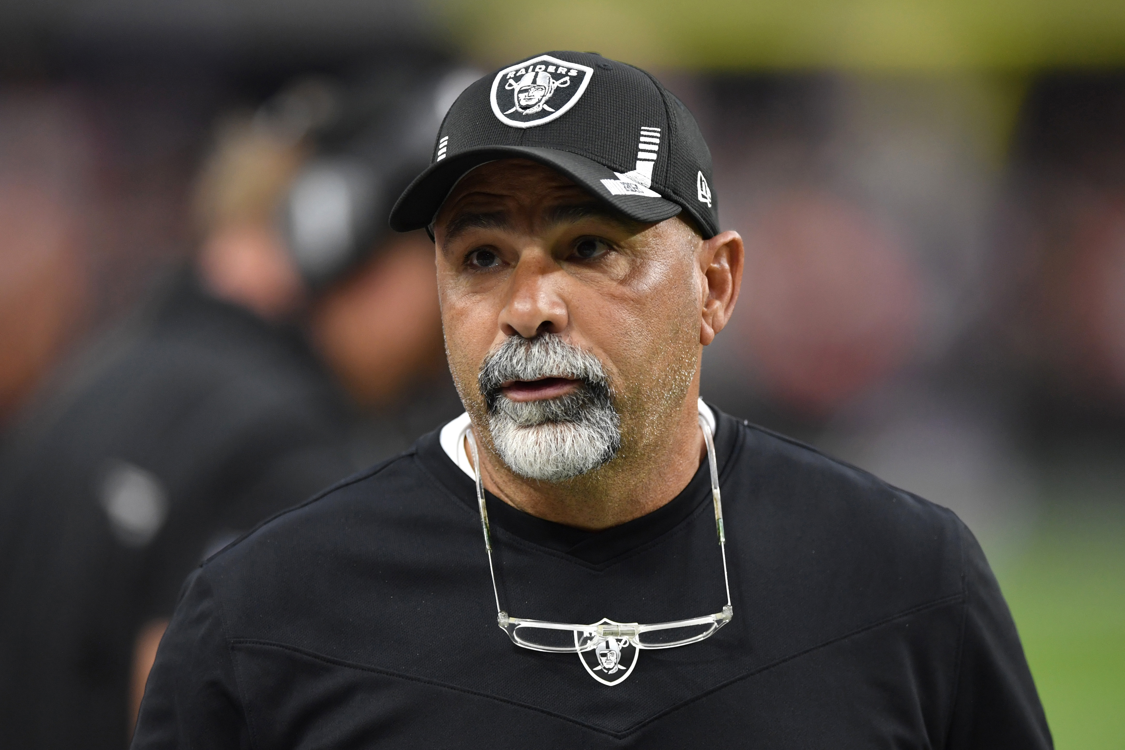 Las Vegas Raiders interim head coach Rich Bisaccia yells towards