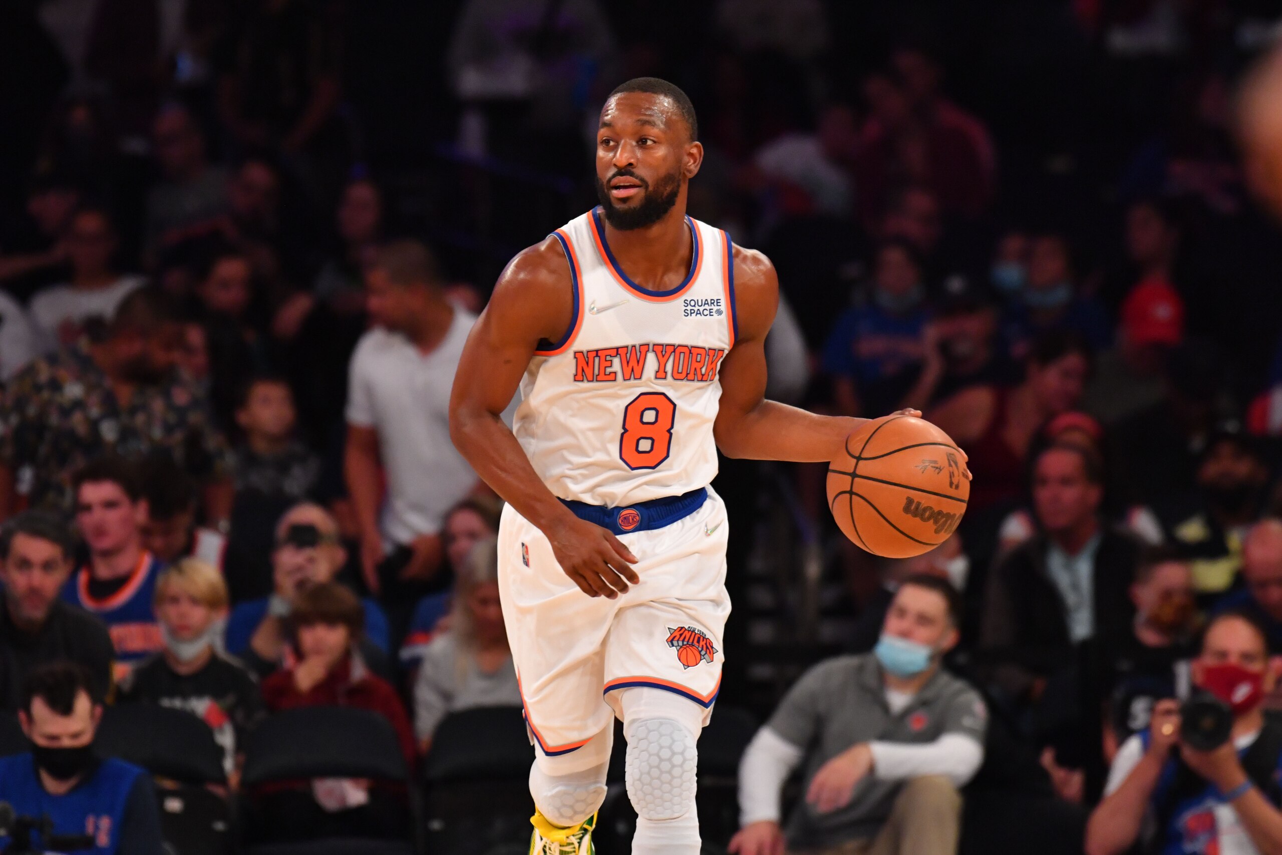 NEW YORK, NY - OCTOBER 15: Kemba Walker #8 of the New York Knicks handles the ball against the Washington Wizards during a preseason game on October 15, 2021 at Madison Square Garden in New York, New York. NOTE TO USER: User expressly acknowledges and agrees that, by downloading and/or using this Photograph, user is consenting to the terms and conditions of the Getty Images License Agreement. Mandatory Copyright Notice: Copyright 2021 NBAE (Photo by Jesse D. Garrabrant/NBAE via Getty Images)
