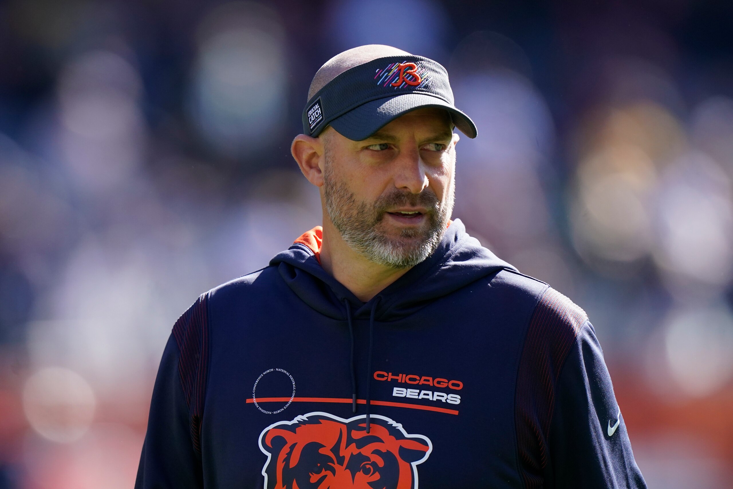 Chicago Bears head coach Matt Nagy looks over his team warm up before an NFL football game against the Green Bay Packers Sunday, Oct. 17, 2021, in Chicago. (AP Photo/Nam Y. Huh) Chicago Bears head coach Matt Nagy looks over his team warm up before an NFL football game against the Green Bay Packers Sunday, Oct. 17, 2021, in Chicago. (AP Photo/Nam Y. Huh)
