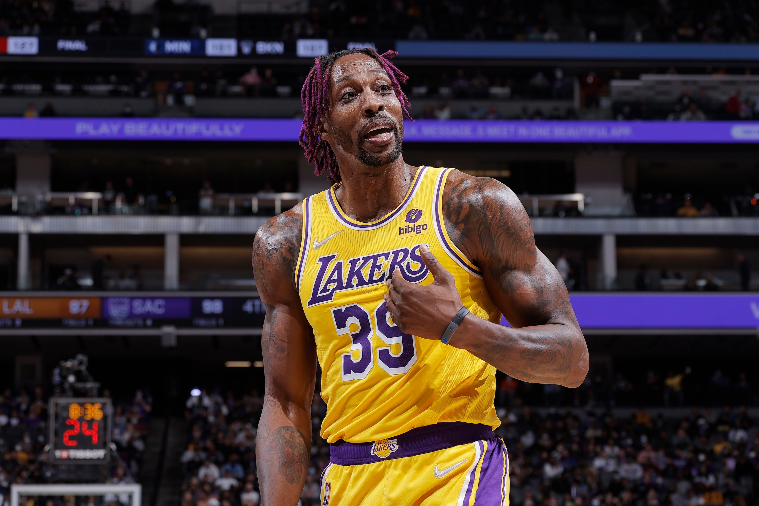 SACRAMENTO, CA - OCTOBER 14: Dwight Howard #39 of the Los Angeles Lakers looks on during the game against the Sacramento Kings on October 14, 2021 at Golden 1 Center in Sacramento, California. NOTE TO USER: User expressly acknowledges and agrees that, by downloading and or using this photograph, User is consenting to the terms and conditions of the Getty Images Agreement. Mandatory Copyright Notice: Copyright 2021 NBAE (Photo by Rocky Widner/NBAE via Getty Images)