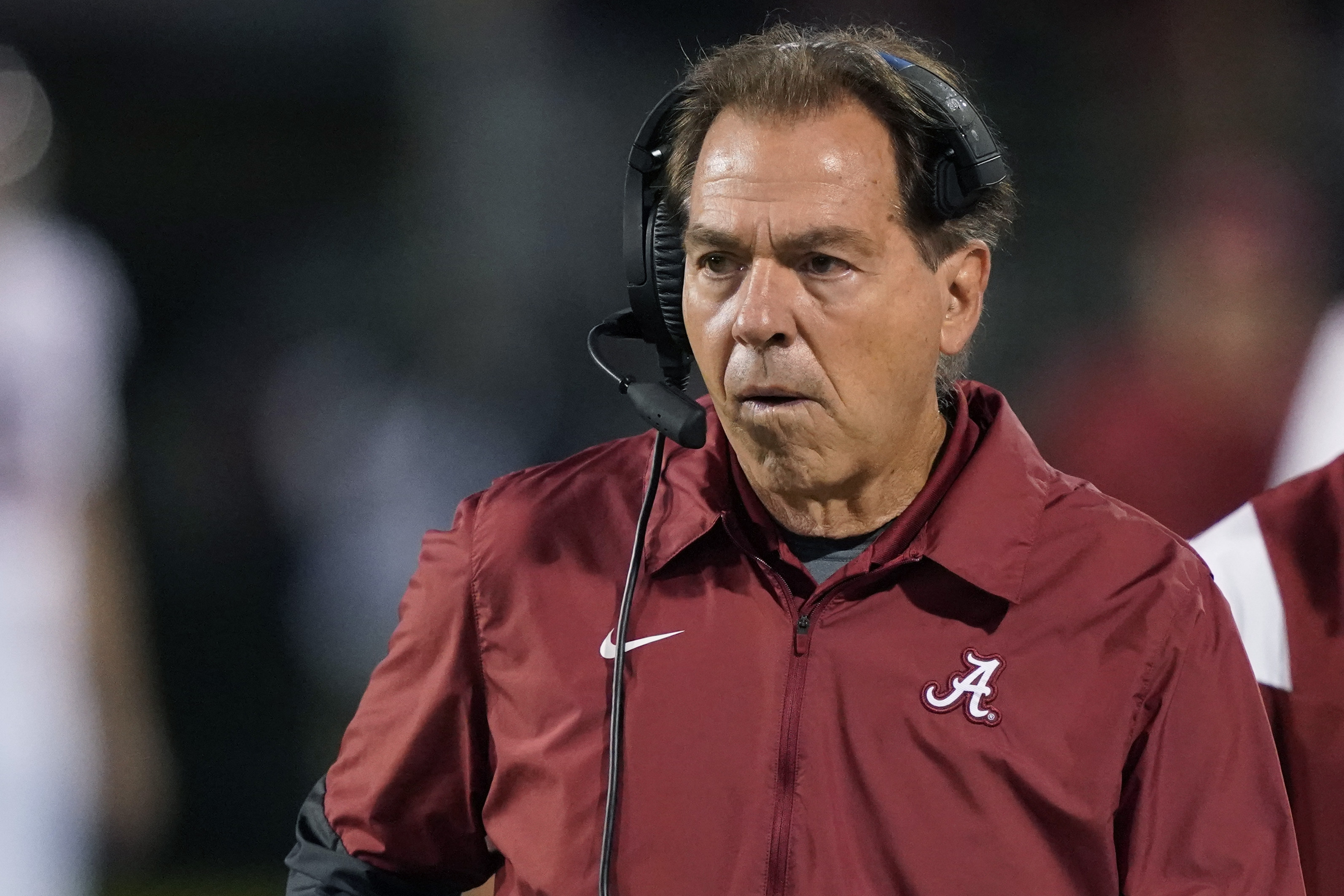 Alabama head coach Nick Saban studies the field during the second half of the team's NCAA college football game against Mississippi State in Starkville, Miss., Saturday, Oct. 16, 2021. Alabama won 49-9. (AP Photo/Rogelio V. Solis)