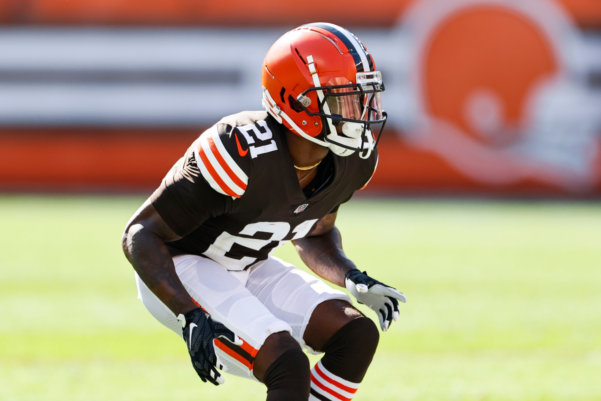 Cleveland Browns cornerback Denzel Ward plays against the Houston Texans during the second half of an NFL football game, Sunday, Sept. 19, 2021, in Cleveland. (AP Photo/Ron Schwane)