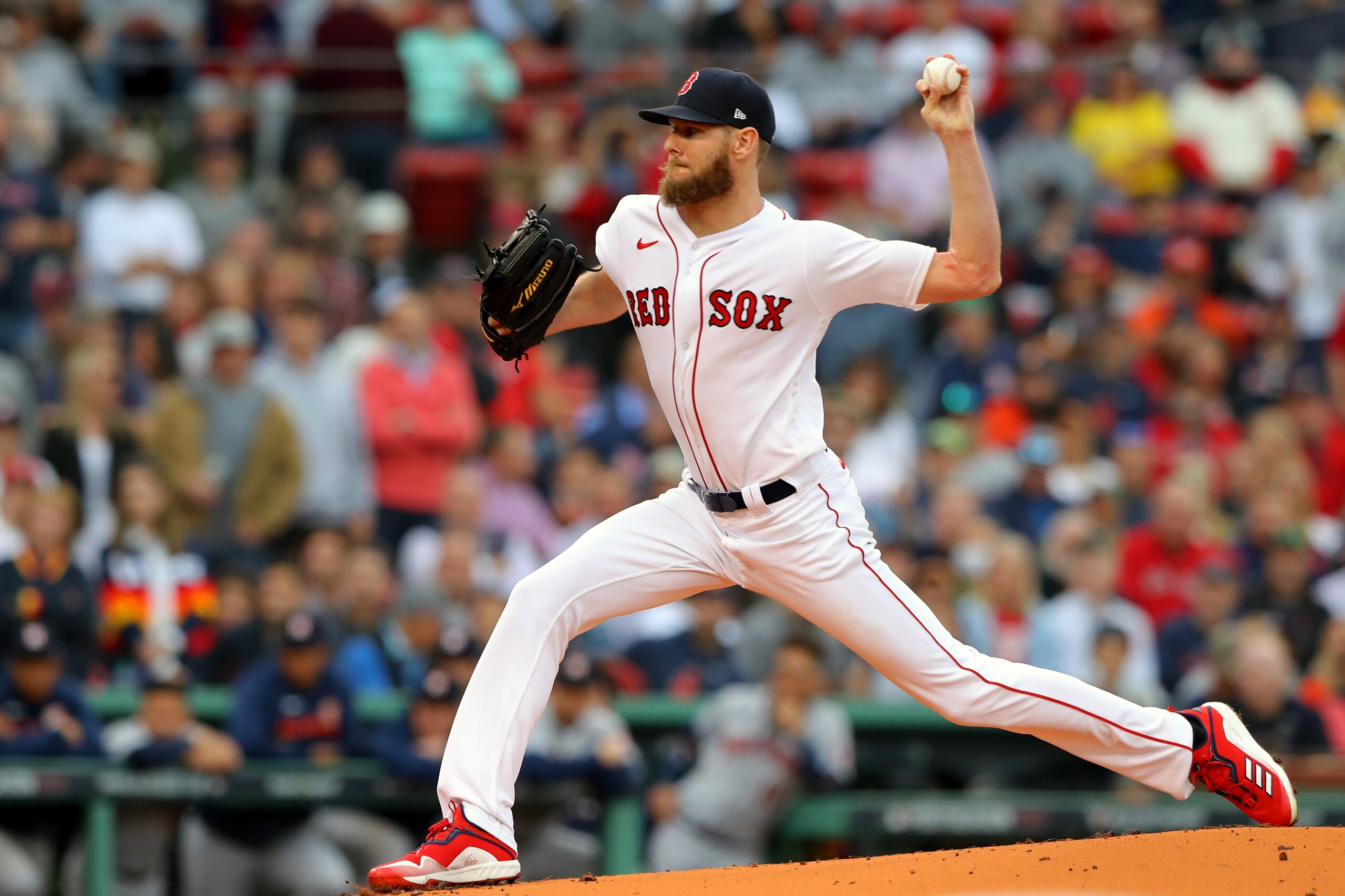 BOSTON, MA - OCTOBER 20:  Chris Sale #41 of the Boston Red Sox pitches in the first inning during Game 5 of the ALCS between the Houston Astros and the Boston Red Sox at Fenway Park on Wednesday, October 20, 2021 in Boston, Massachusetts. (Photo by Mary DeCicco/MLB Photos via Getty Images)