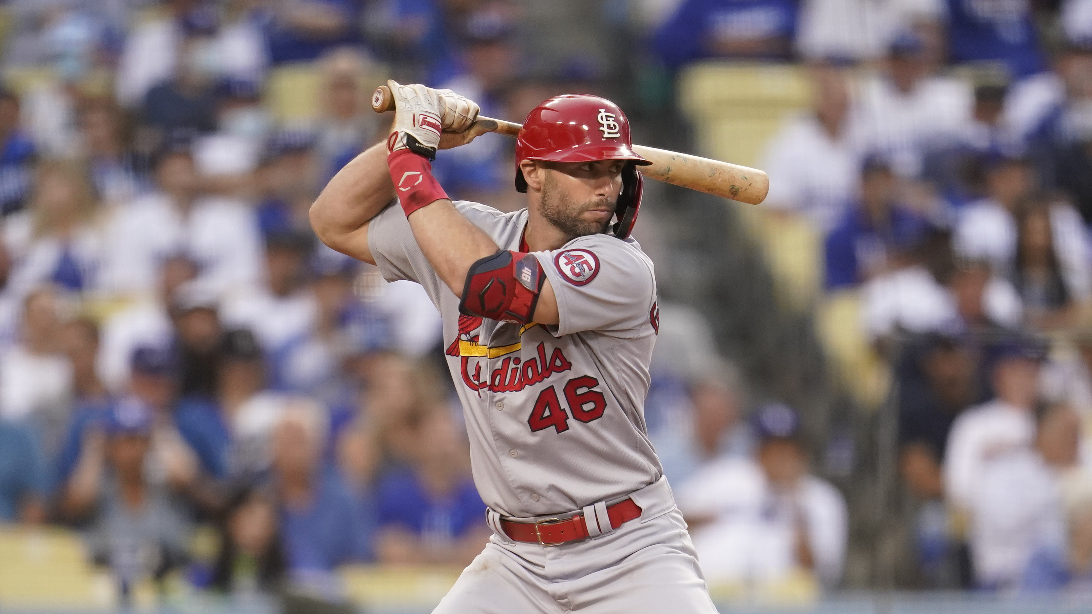 St. Louis Cardinals' Paul Goldschmidt steps up to bat during the second inning of a National League Wild Card playoff baseball game against the Los Angeles Dodgers Wednesday, Oct. 6, 2021, in Los Angeles. (AP Photo/Marcio Jose Sanchez)