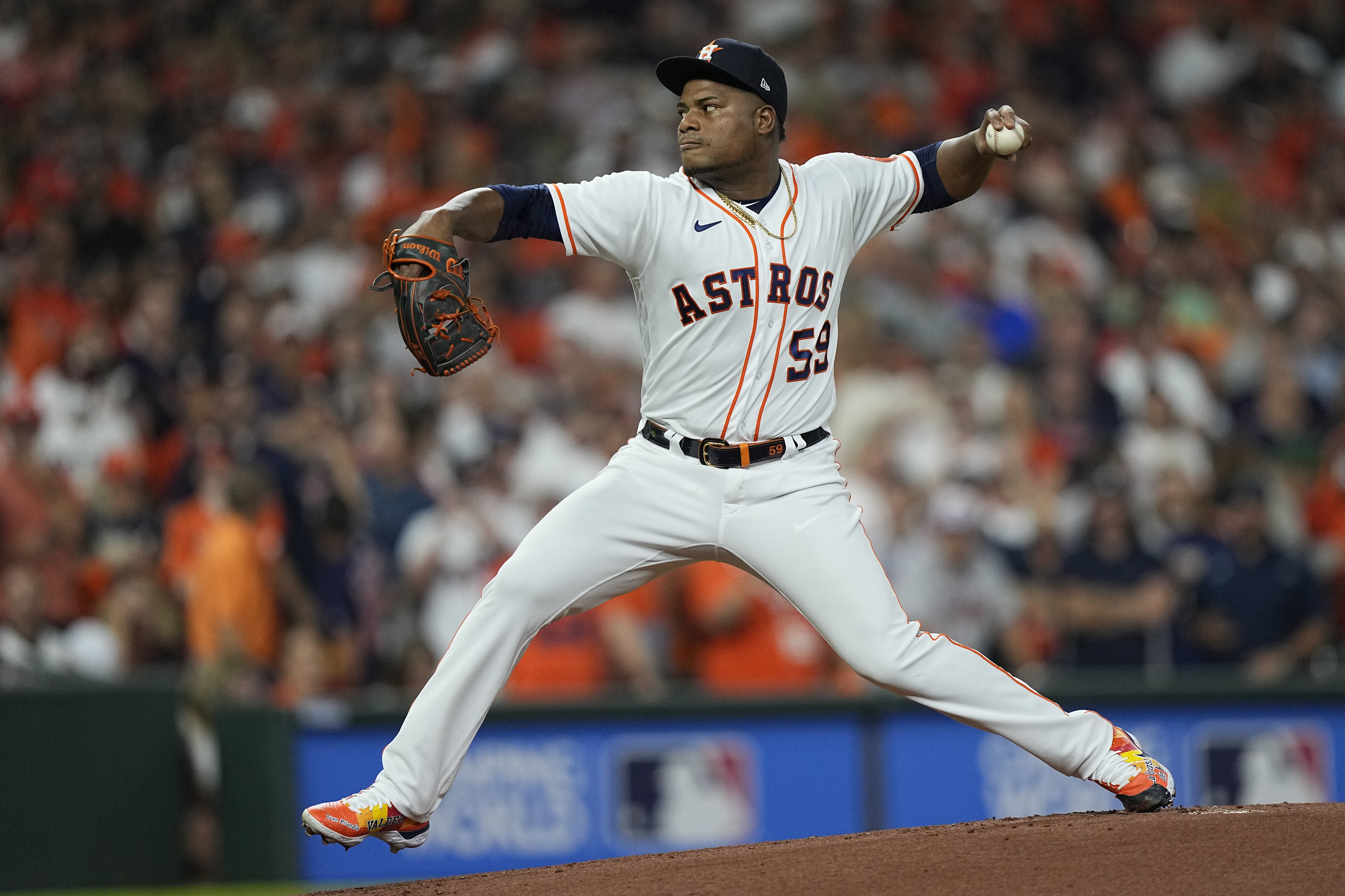 Houston Astros starting pitcher Framber Valdez throws during the first inning of Game 1 in baseball's World Series between the Houston Astros and the Atlanta Braves Tuesday, Oct. 26, 2021, in Houston. (AP Photo/David J. Phillip)