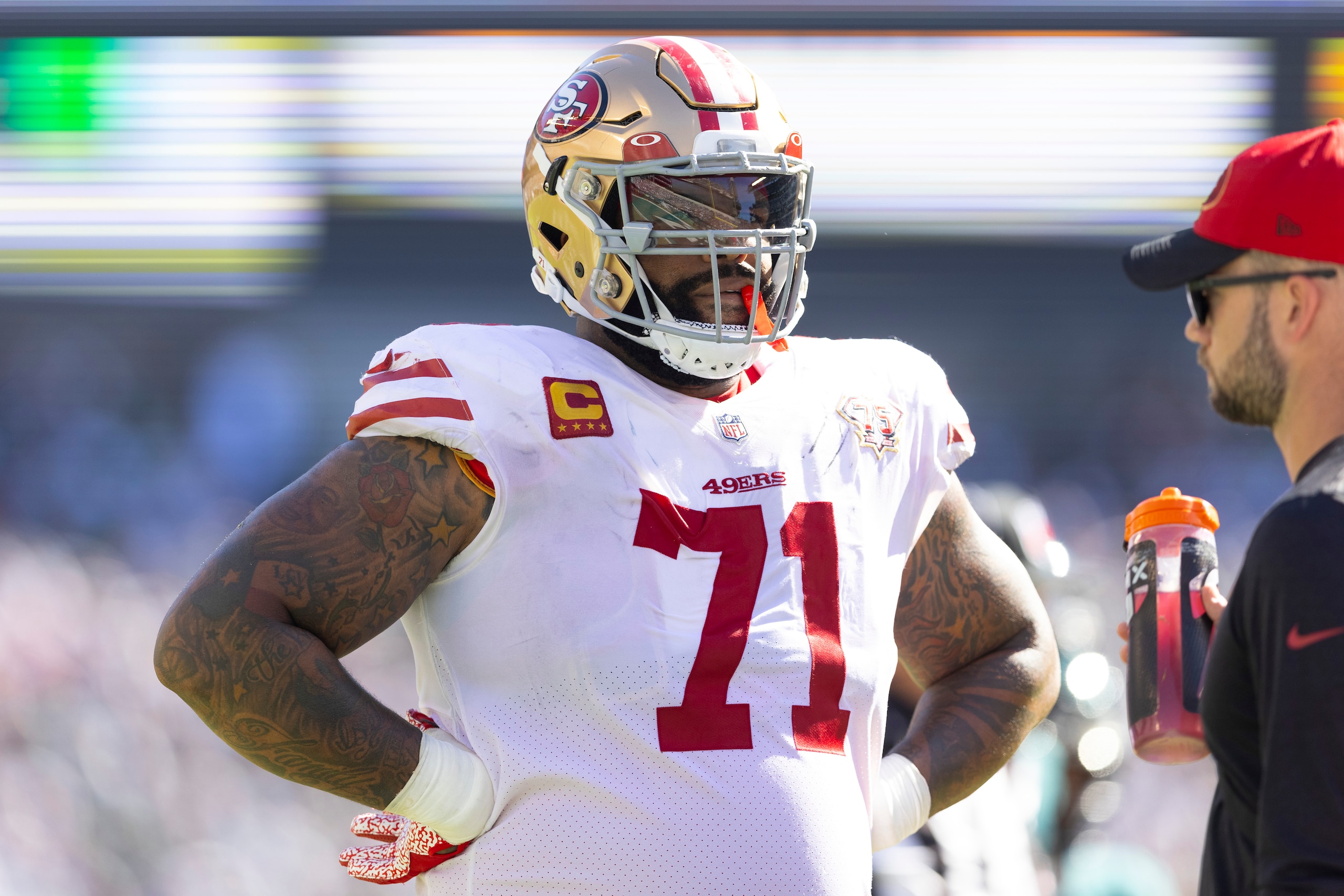 PHILADELPHIA, PA - SEPTEMBER 19: Trent Williams #71 of the San Francisco 49ers looks on against the Philadelphia Eagles at Lincoln Financial Field on September 19, 2021 in Philadelphia, Pennsylvania. (Photo by Mitchell Leff/Getty Images) PHILADELPHIA, PA - SEPTEMBER 19: Trent Williams #71 of the San Francisco 49ers looks on against the Philadelphia Eagles at Lincoln Financial Field on September 19, 2021 in Philadelphia, Pennsylvania. (Photo by Mitchell Leff/Getty Images)