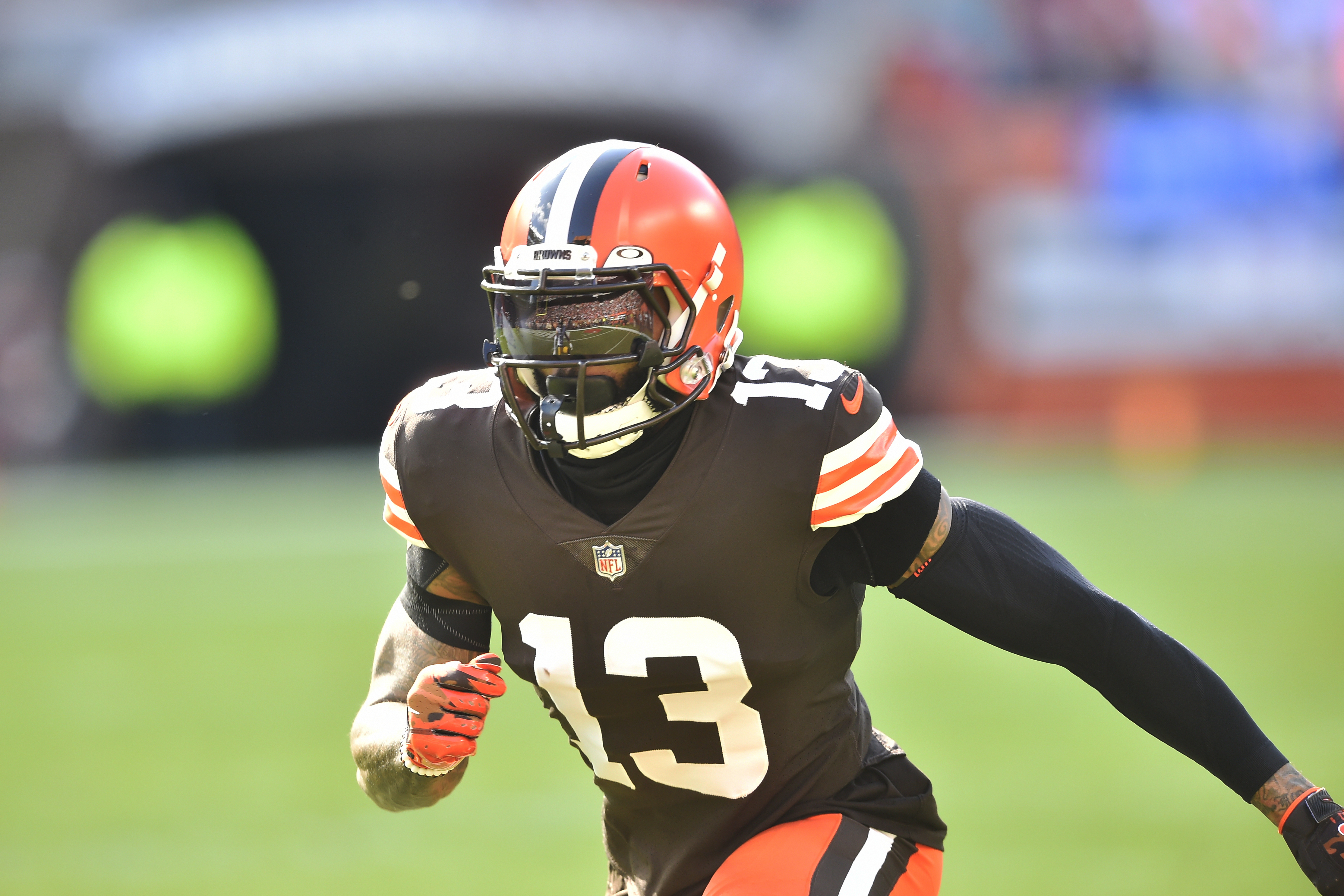 Cleveland Browns wide receiver Odell Beckham Jr. runs a route during an NFL football game against the Pittsburgh Steelers, Sunday, Oct. 31, 2021, in Cleveland. The Steelers won 15-10. (AP Photo/David Richard)