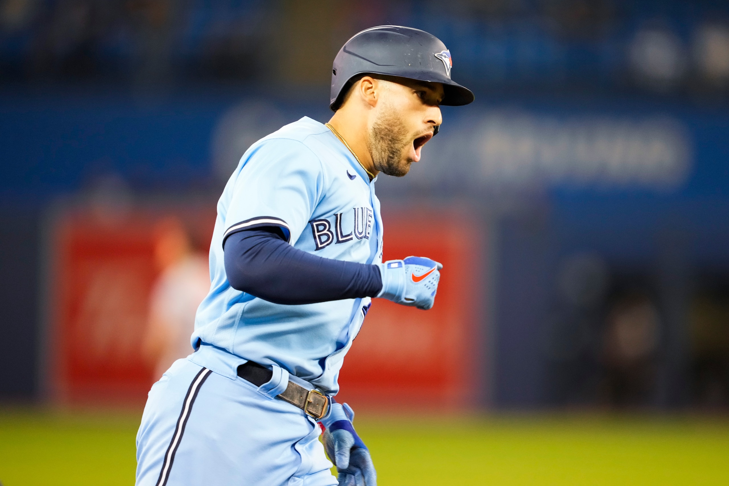 TORONTO, ONTARIO - OCTOBER 3: George Springer #4 of the Toronto Blue Jays celebrates his lead off home run against the Baltimore Orioles in the first inning during their MLB game at the Rogers Centre on October 3, 2021 in Toronto, Ontario, Canada. (Photo by Mark Blinch/Getty Images)