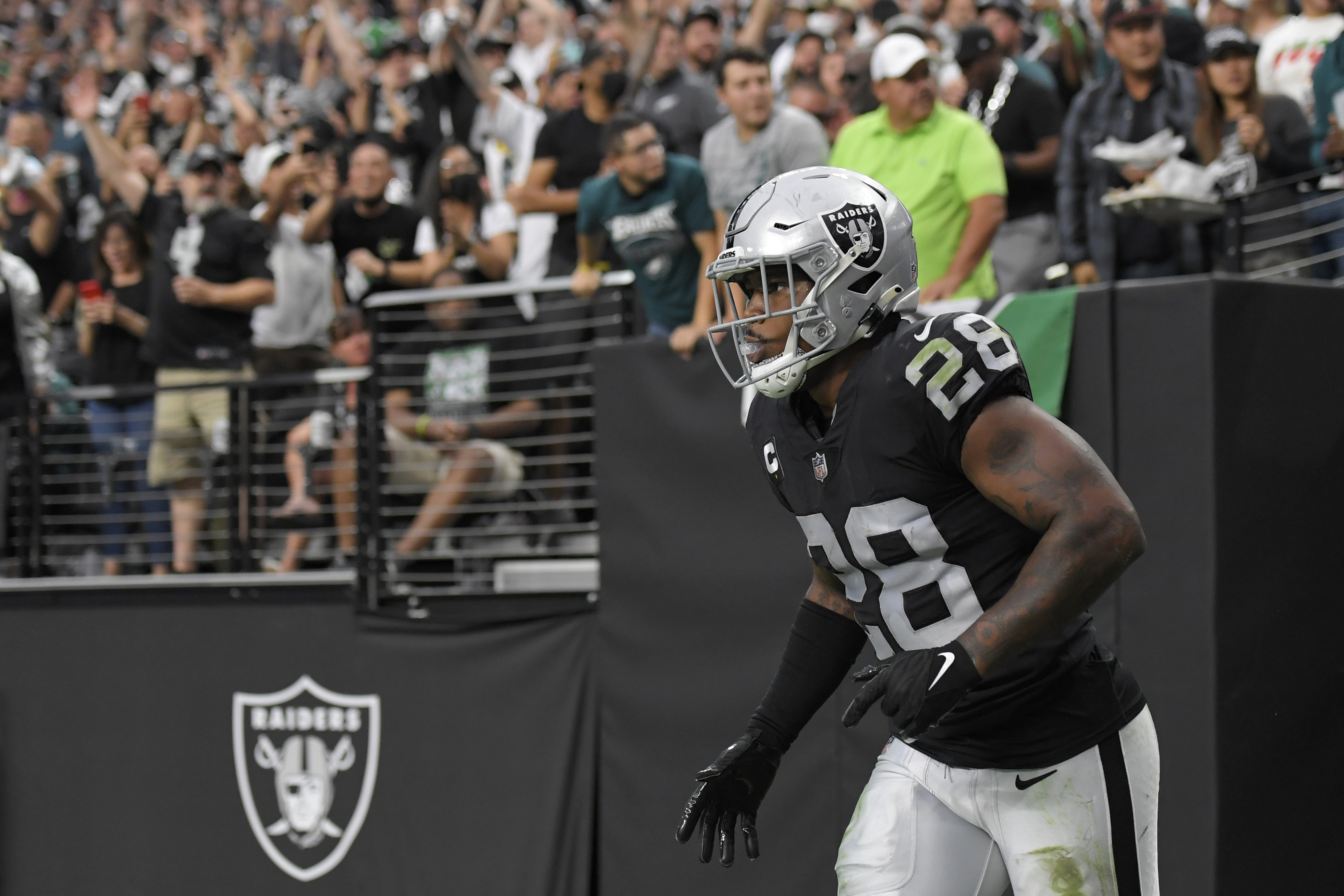 Oakland Raiders running back Josh Jacobs (28) celebrates after