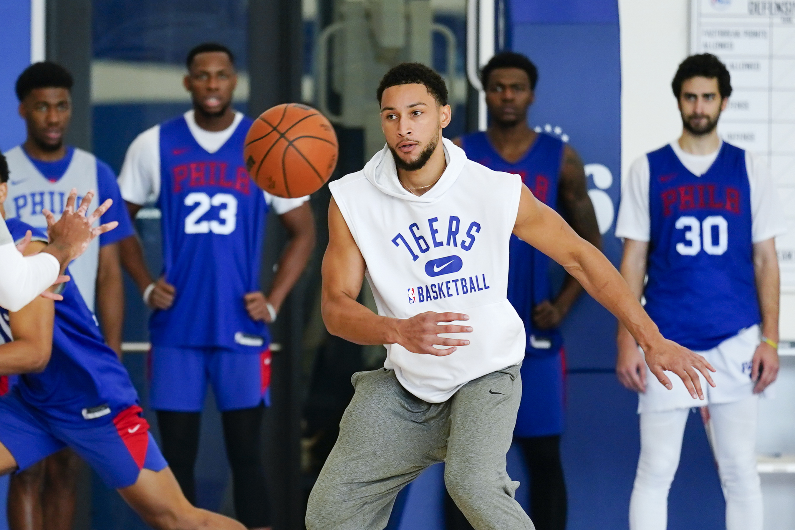 Philadelphia 76ers' Ben Simmons takes part in a practice at the NBA basketball team's facility, Monday, Oct. 18, 2021, in Camden, N.J. (AP Photo/Matt Rourke) Philadelphia 76ers' Ben Simmons takes part in a practice at the NBA basketball team's facility, Monday, Oct. 18, 2021, in Camden, N.J. (AP Photo/Matt Rourke)