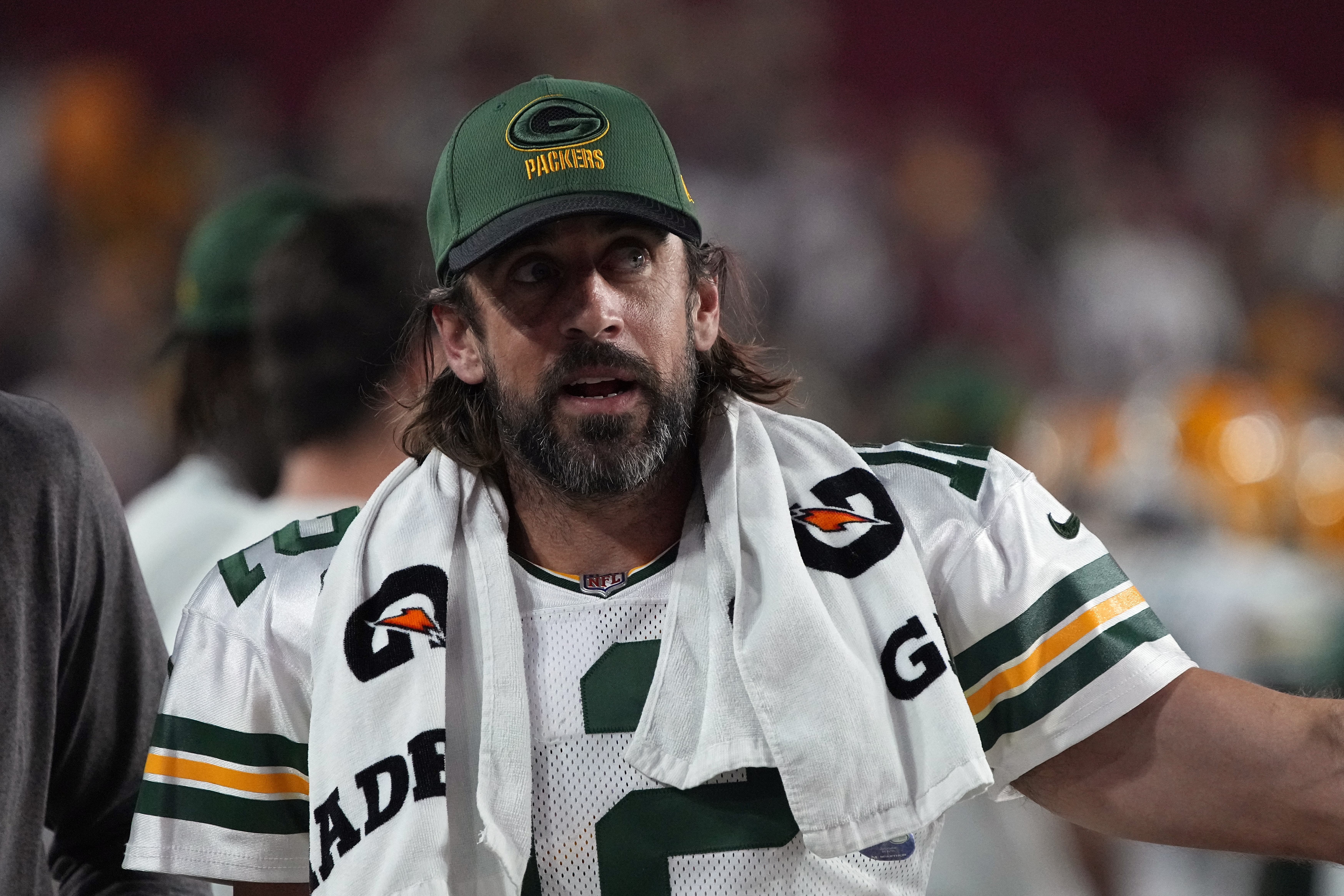 Green Bay Packers quarterback Aaron Rodgers (12) during the first half of an NFL football game against the Arizona Cardinals, Thursday, Oct. 28, 2021, in Glendale, Ariz. (AP Photo/Rick Scuteri)