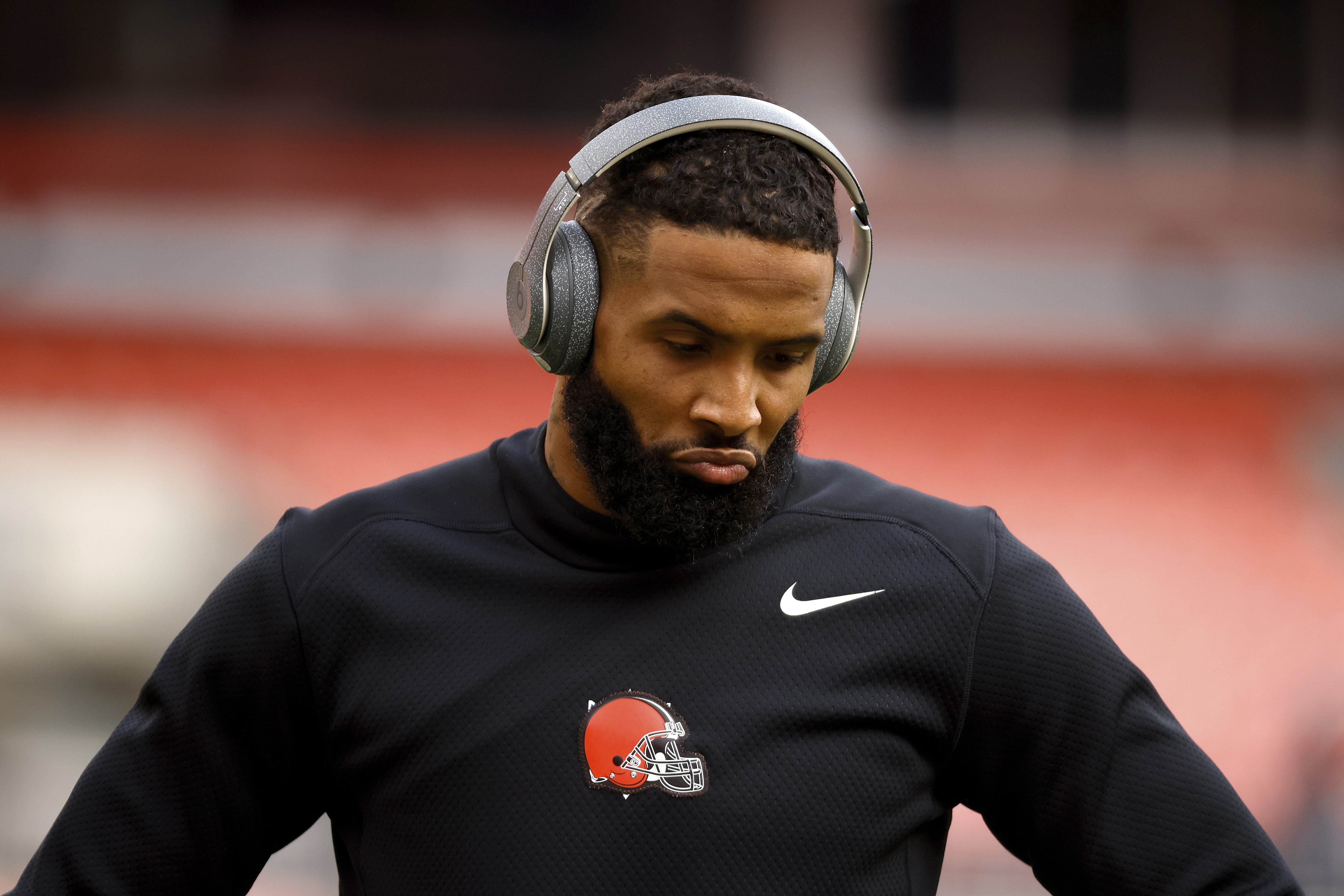Cleveland Browns wide receiver Odell Beckham Jr. (13) warms up prior to the start of an NFL football game against the Pittsburgh Steelers, Sunday, Oct. 31, 2021, in Cleveland. (AP Photo/Kirk Irwin)