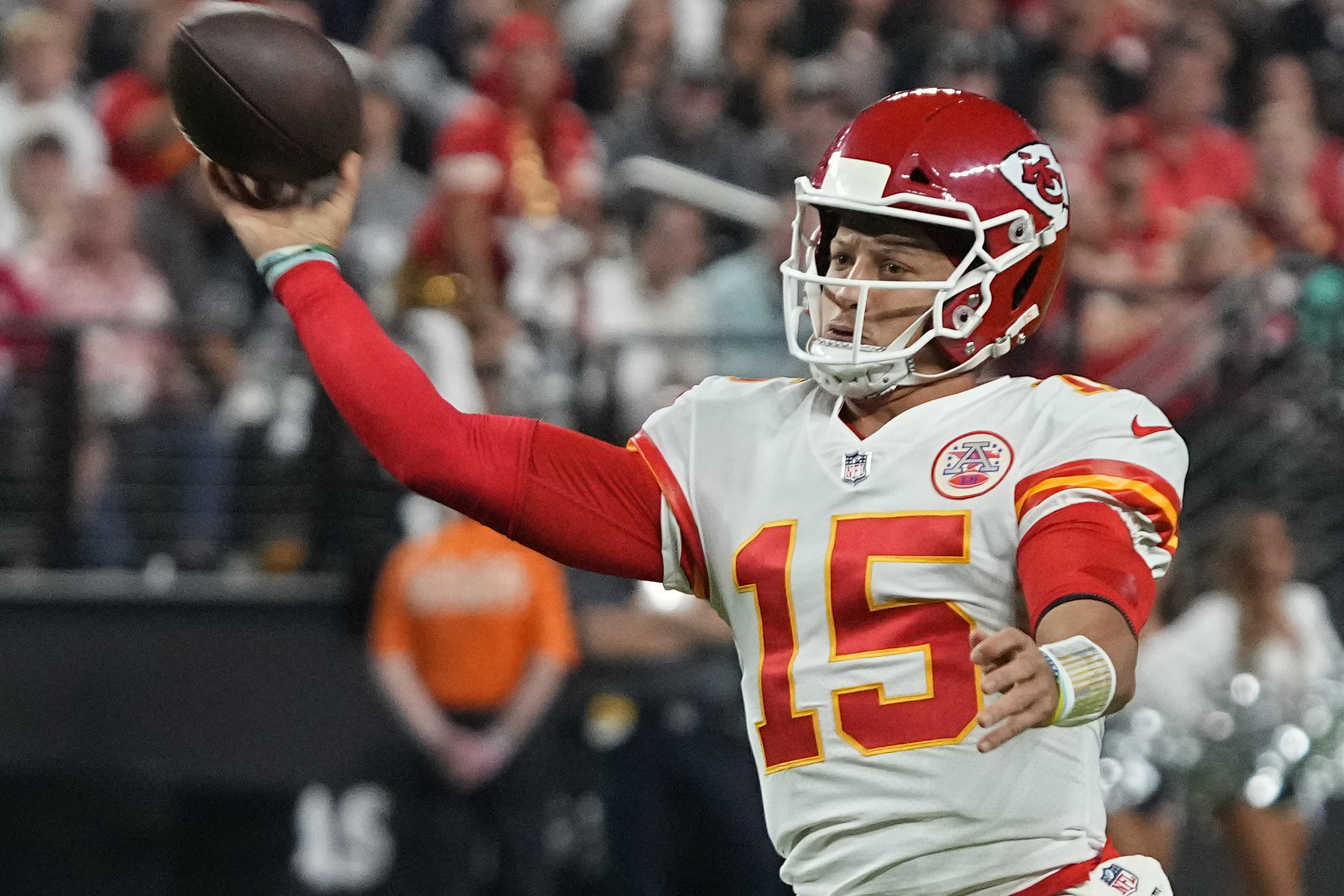 Kansas City Chiefs quarterback Patrick Mahomes (15) throws during the first half of an NFL football game against the Las Vegas Raiders, Sunday, Nov. 14, 2021, in Las Vegas. (AP Photo/Rick Scuteri)