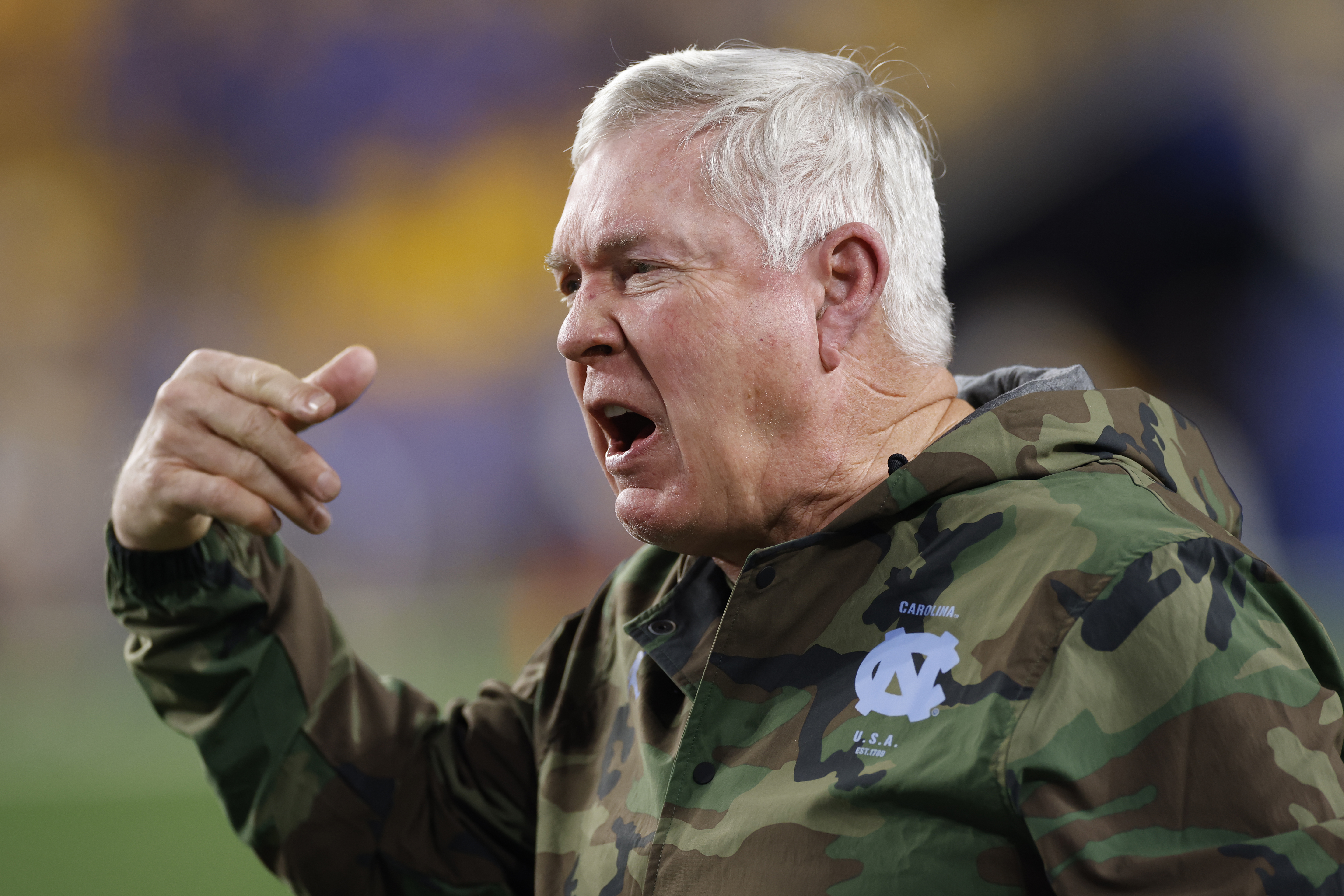 PITTSBURGH, PA - NOVEMBER 11: North Carolina Tar Heels head coach Mack Brown reacts during a college football game against the Pittsburgh Panthers on Nov. 11, 2021 at Heinz Field in Pittsburgh, Pennsylvania. (Photo by Joe Robbins/Icon Sportswire via Getty Images)