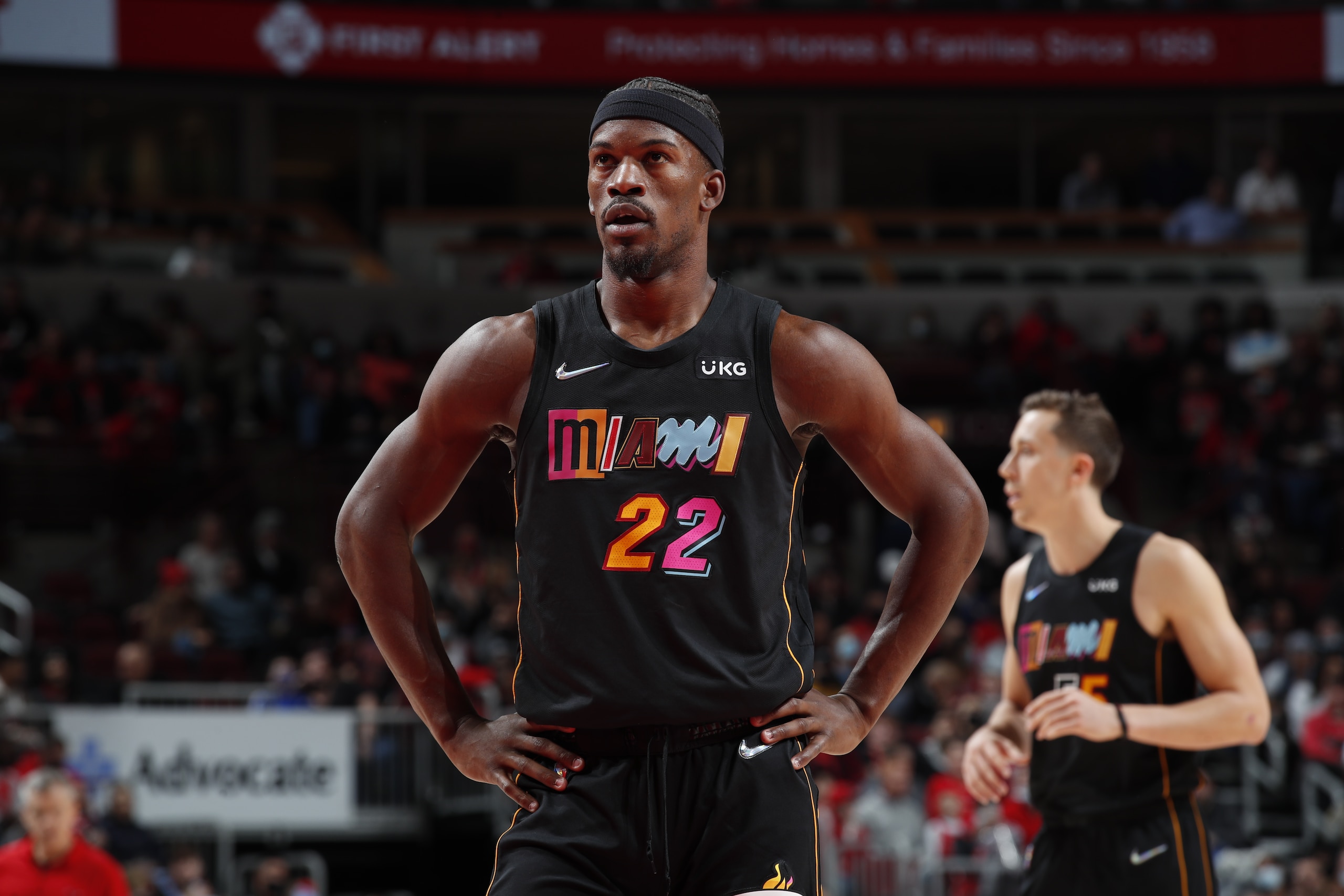 CHICAGO, IL - NOVEMBER 27: Jimmy Butler #22 of the Miami Heat looks on during the game against the Chicago Bulls on November 27, 2021 at United Center in Chicago, Illinois. NOTE TO USER: User expressly acknowledges and agrees that, by downloading and or using this photograph, User is consenting to the terms and conditions of the Getty Images License Agreement. Mandatory Copyright Notice: Copyright 2021 NBAE (Photo by Jeff Haynes/NBAE via Getty Images) CHICAGO, IL - NOVEMBER 27: Jimmy Butler #22 of the Miami Heat looks on during the game against the Chicago Bulls on November 27, 2021 at United Center in Chicago, Illinois. NOTE TO USER: User expressly acknowledges and agrees that, by downloading and or using this photograph, User is consenting to the terms and conditions of the Getty Images License Agreement. Mandatory Copyright Notice: Copyright 2021 NBAE (Photo by Jeff Haynes/NBAE via Getty Images)