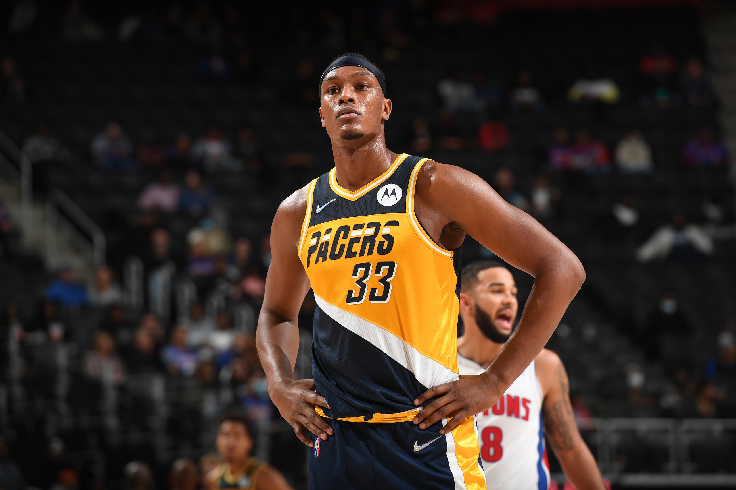 DETROIT, MI - NOVEMBER 17: Myles Turner #33 of the Indiana Pacers looks on during the game against the Detroit Pistons on November 17, 2021 at Little Caesars Arena in Detroit, Michigan. NOTE TO USER: User expressly acknowledges and agrees that, by downloading and/or using this photograph, User is consenting to the terms and conditions of the Getty Images License Agreement. Mandatory Copyright Notice: Copyright 2021 NBAE (Photo by Chris Schwegler/NBAE via Getty Images)