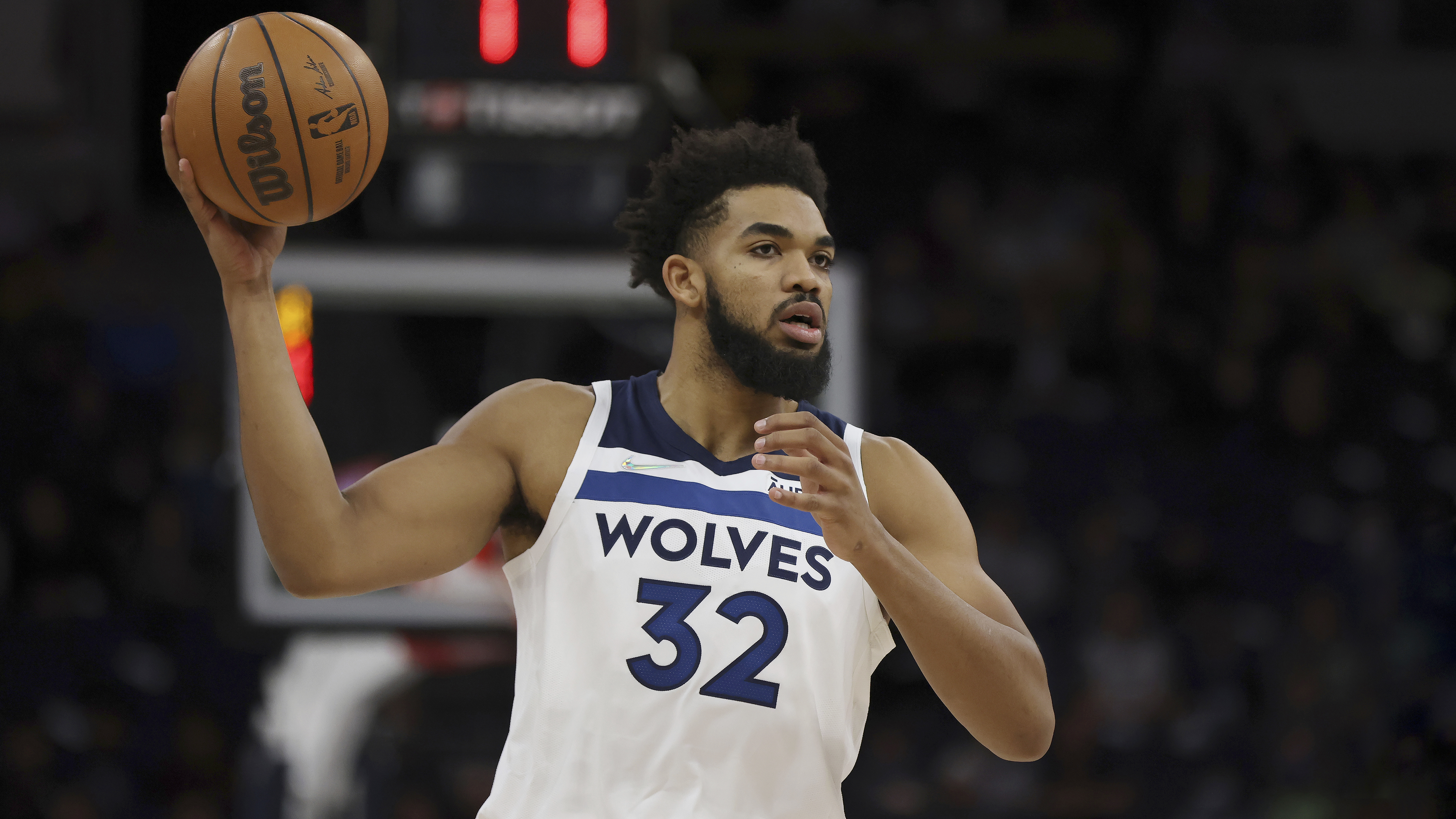 Minnesota Timberwolves center Karl-Anthony Towns (32) in action during the first half of an NBA basketball game against the Indiana Pacers, Monday, Nov. 29, 2021, in Minneapolis. (AP Photo/Stacy Bengs)