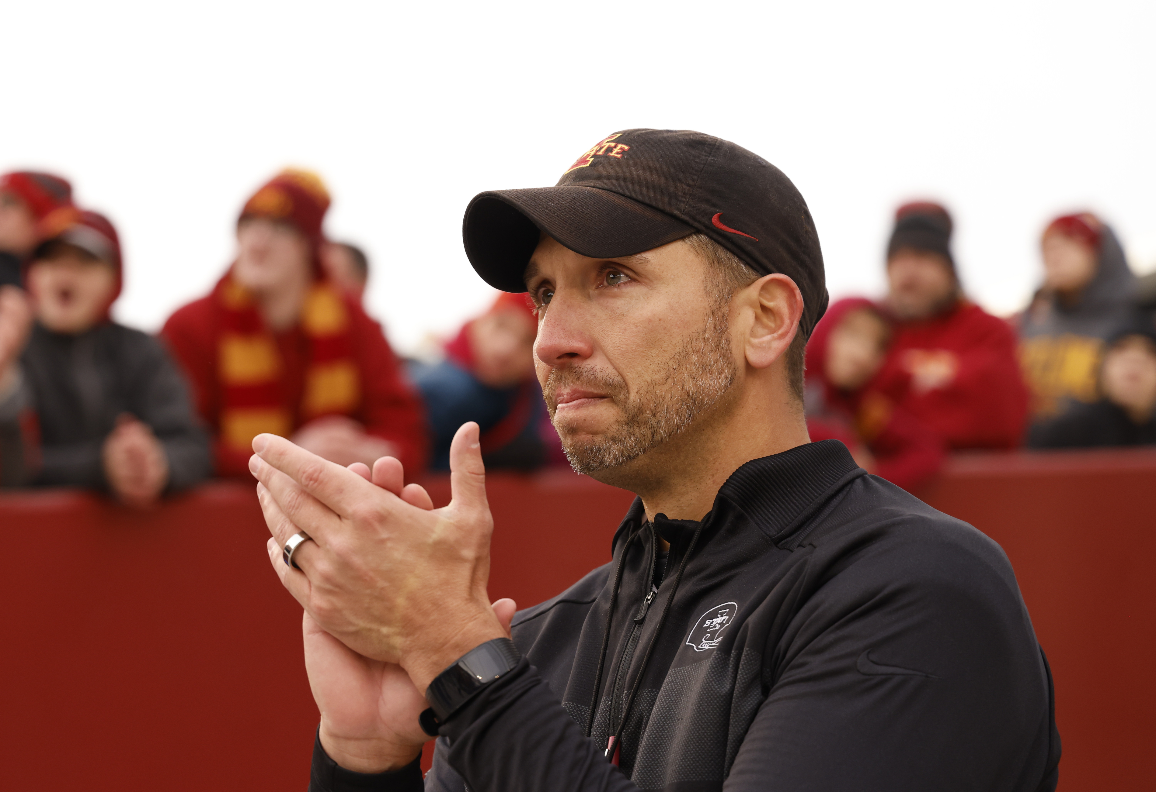AMES, IA - NOVEMBER 26: Head coach Matt Campbell of the Iowa State Cyclones reacts to seniors taking the field during a pregame ceremony at Jack Trice Stadium on November 26, 2021 in Ames, Iowa. The Iowa State Cyclones won 48-14 over the TCU Horned Frogs. (Photo by David K Purdy/Getty Images)