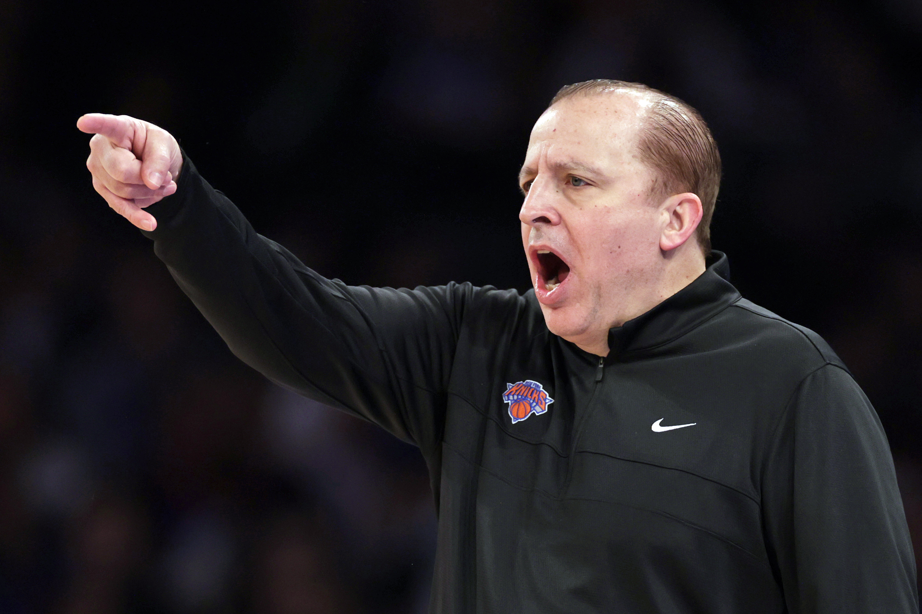 New York Knicks head coach Tom Thibodeau directs his team against the Denver Nuggets during the second half of an NBA basketball game Saturday, Dec. 4, 2021, in New York. Denver won 113-99. (AP Photo/Adam Hunger)