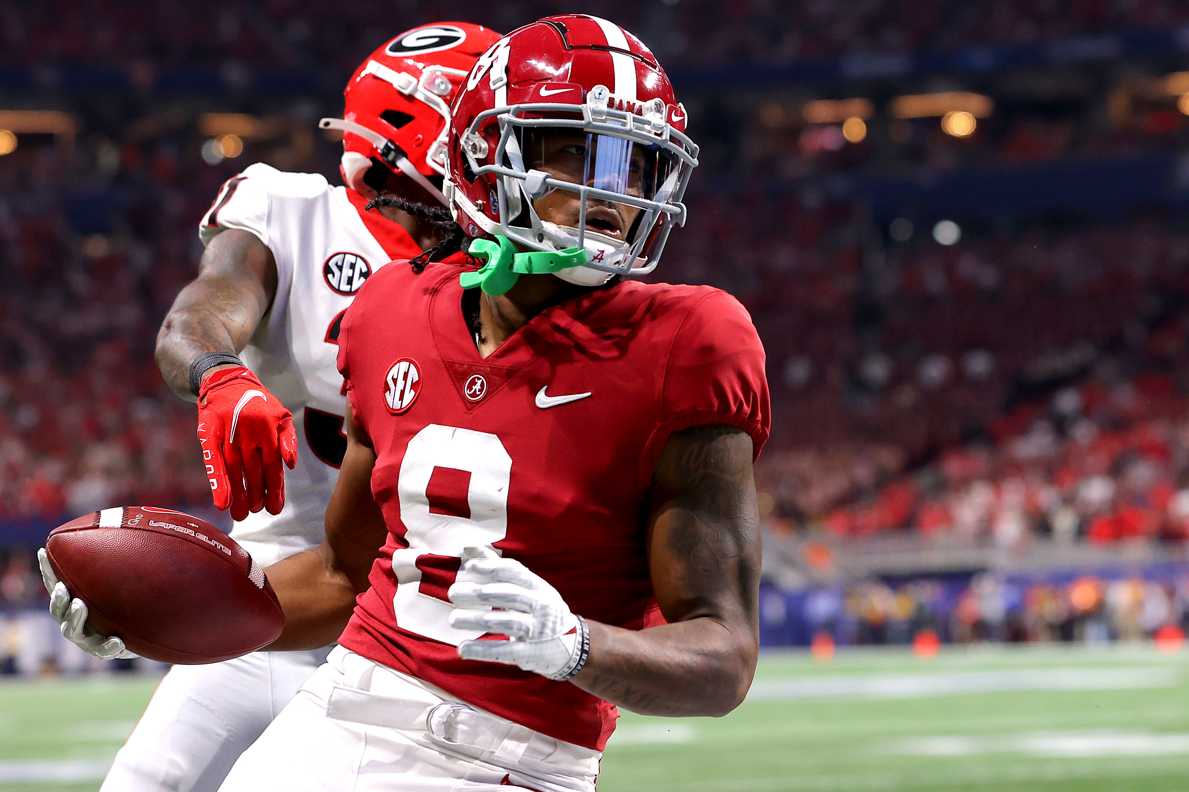 Alabama wide receiver Slade Bolden (04) walks on the field after