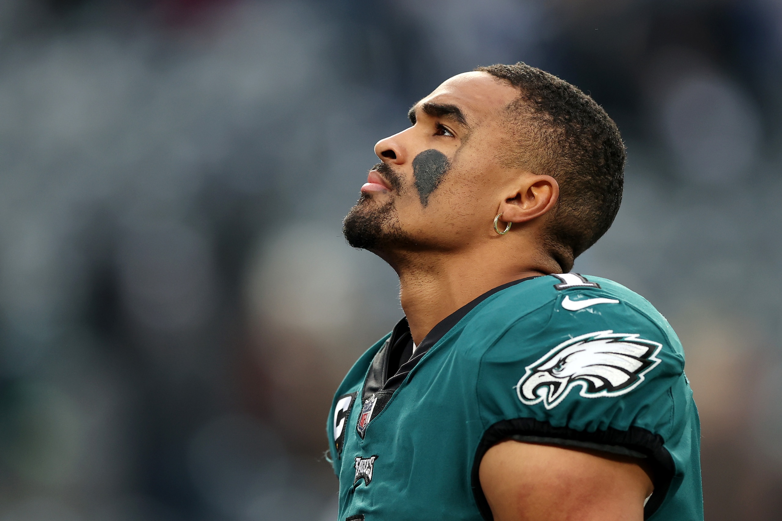 EAST RUTHERFORD, NEW JERSEY - NOVEMBER 28: Jalen Hurts #1 of the Philadelphia Eagles looks on as he walks off the field after his team's loss against the New York Giants at MetLife Stadium on November 28, 2021 in East Rutherford, New Jersey. (Photo by Elsa/Getty Images) EAST RUTHERFORD, NEW JERSEY - NOVEMBER 28: Jalen Hurts #1 of the Philadelphia Eagles looks on as he walks off the field after his team's loss against the New York Giants at MetLife Stadium on November 28, 2021 in East Rutherford, New Jersey. (Photo by Elsa/Getty Images)