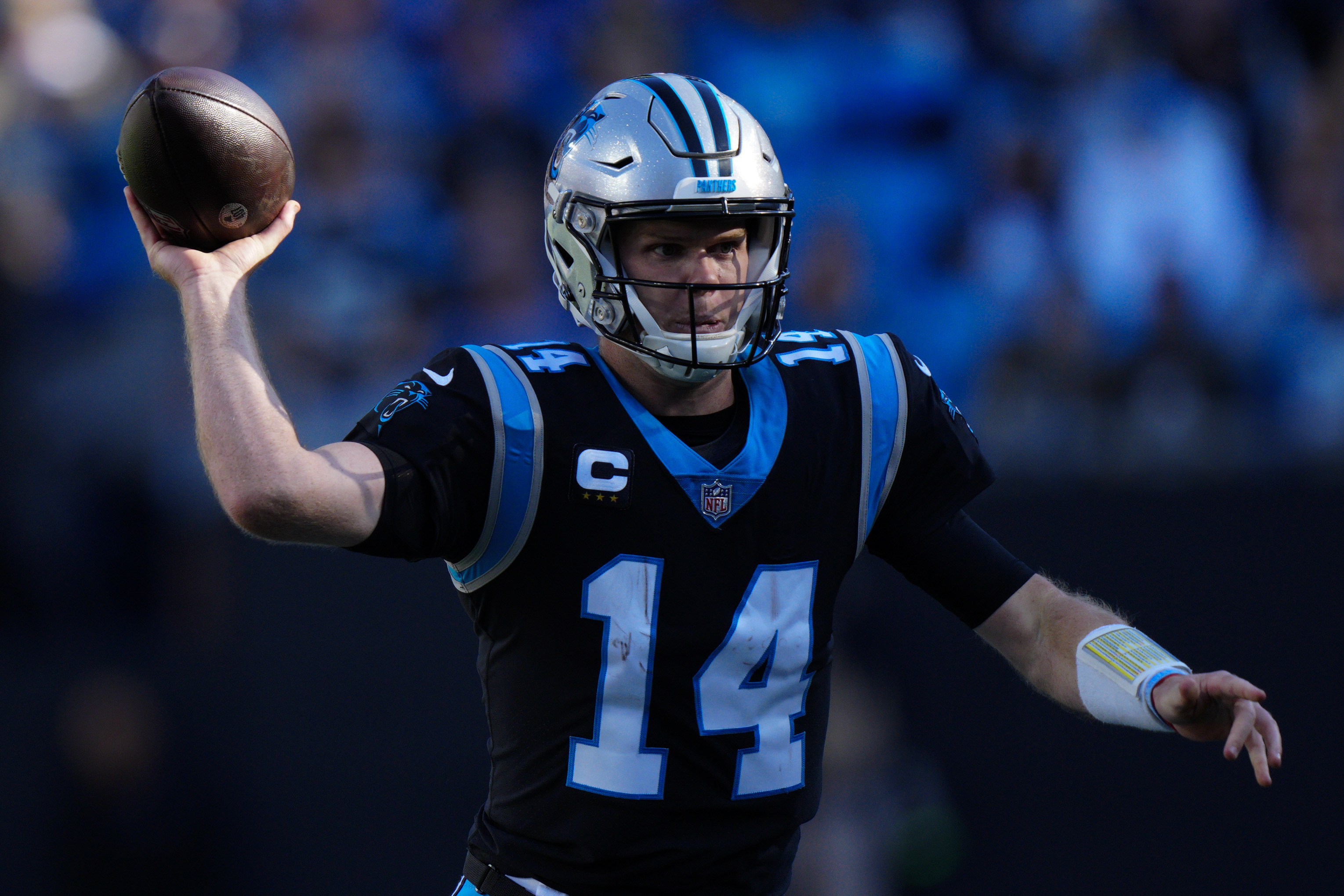 Carolina Panthers quarterback Sam Darnold is carted off injuring