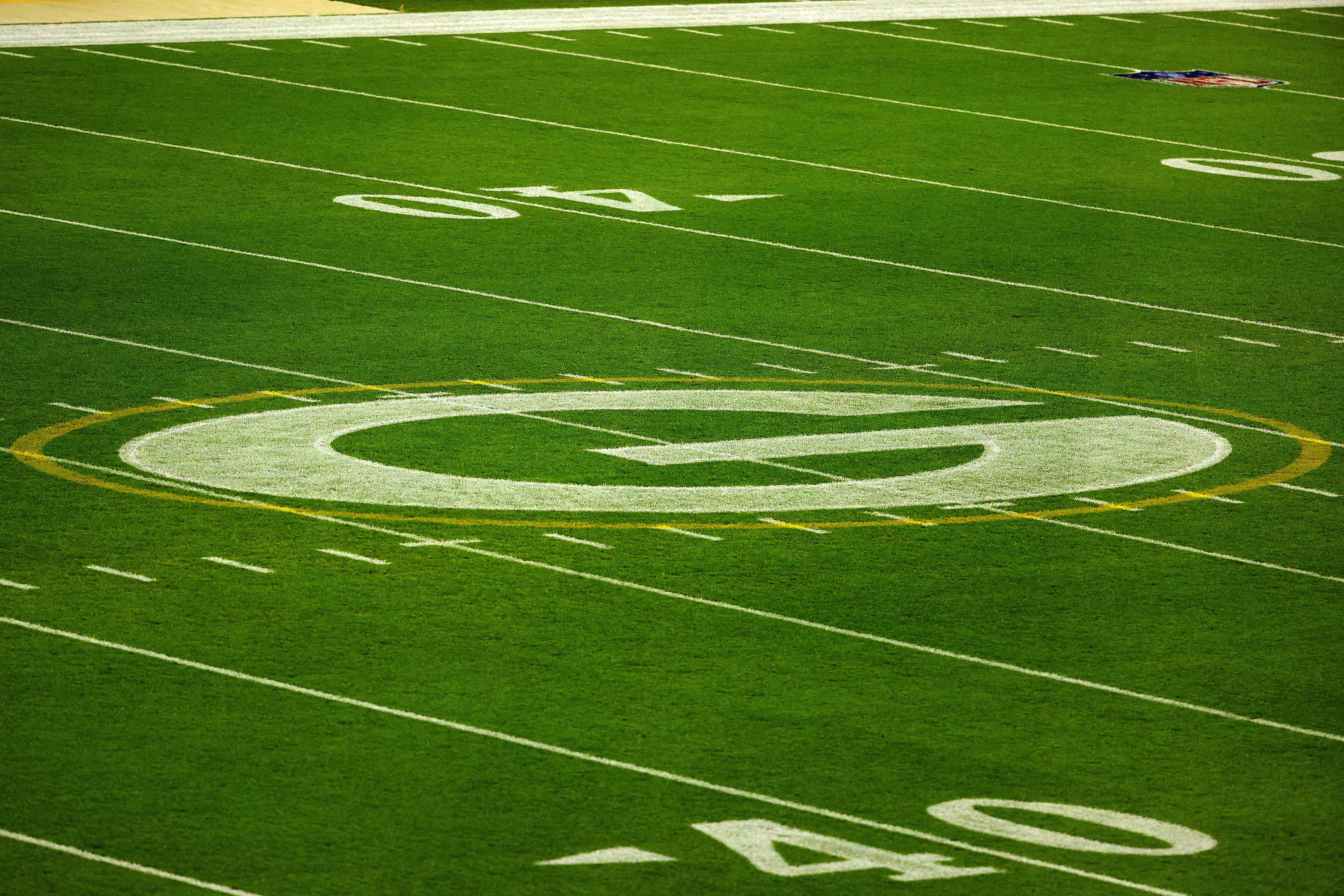GREEN BAY, WISCONSIN - NOVEMBER 29: A general view of the Green Bay Packers logo prior to a game between the Green Bay Packers and the Chicago Bears at Lambeau Field on November 29, 2020 in Green Bay, Wisconsin. The Packers defeated the Bears 45-21. (Photo by Stacy Revere/Getty Images)